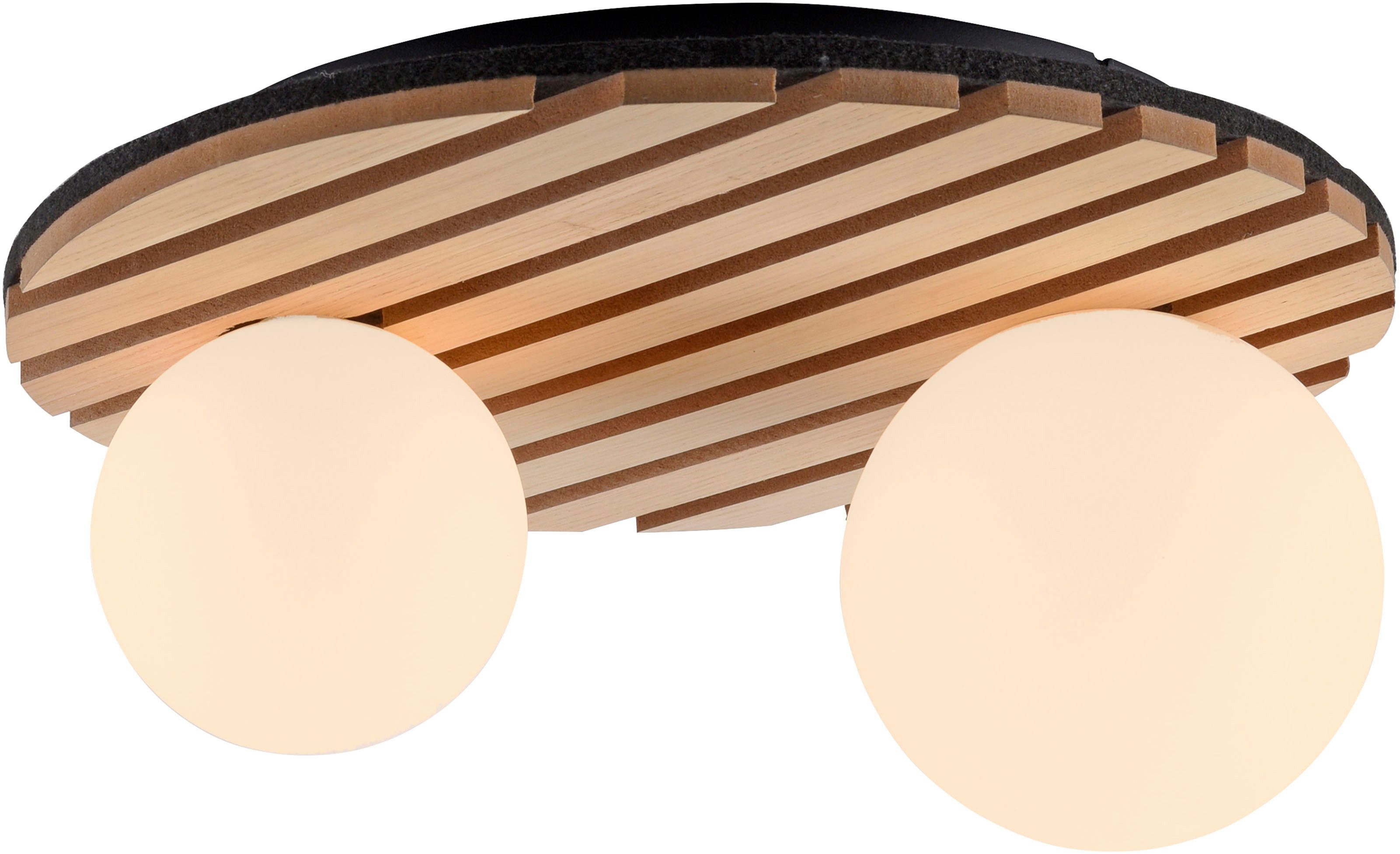 OTTO home Deckenleuchte Evinnia Akustikpaneele mit Glaskugel, Leuchtmittel wechselbar, ohne Leuchtmittel, Warmweiß, Holz, Akustik, Paneele, Glas, opal matt weiß, Deckenlampe