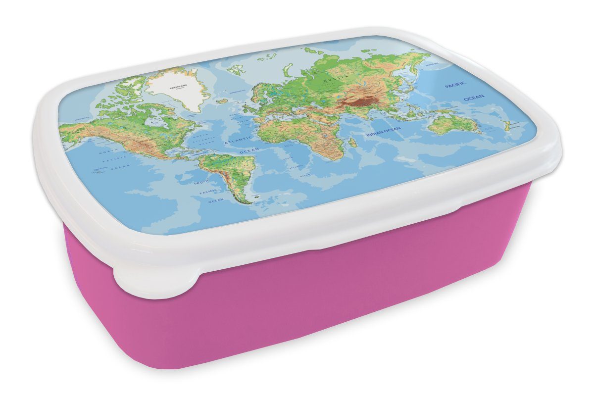 MuchoWow Lunchbox Weltkarte - Topographie - Atlas - Kinder - Junge - Mädchen, Kunststoff, (2-tlg), Brotbox für Erwachsene, Brotdose Kinder, Snackbox, Mädchen, Kunststoff rosa