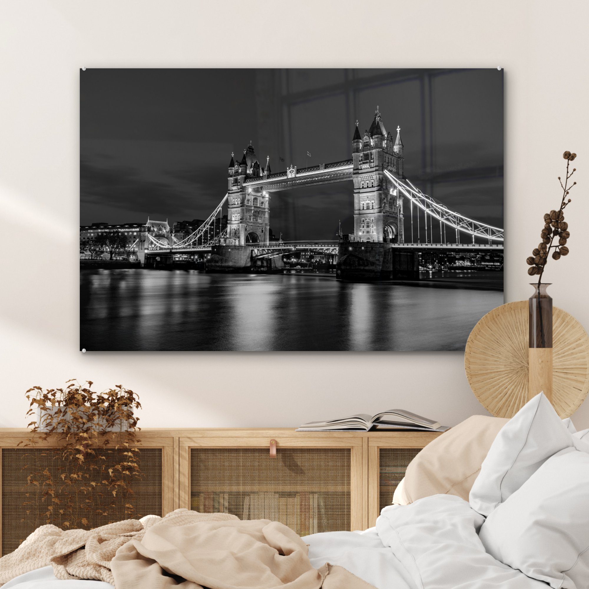 England Tower beleuchtet und am Schlafzimmer Abend & - Wohnzimmer MuchoWow St), (1 Acrylglasbilder Bridge weiß, schwarz Acrylglasbild in