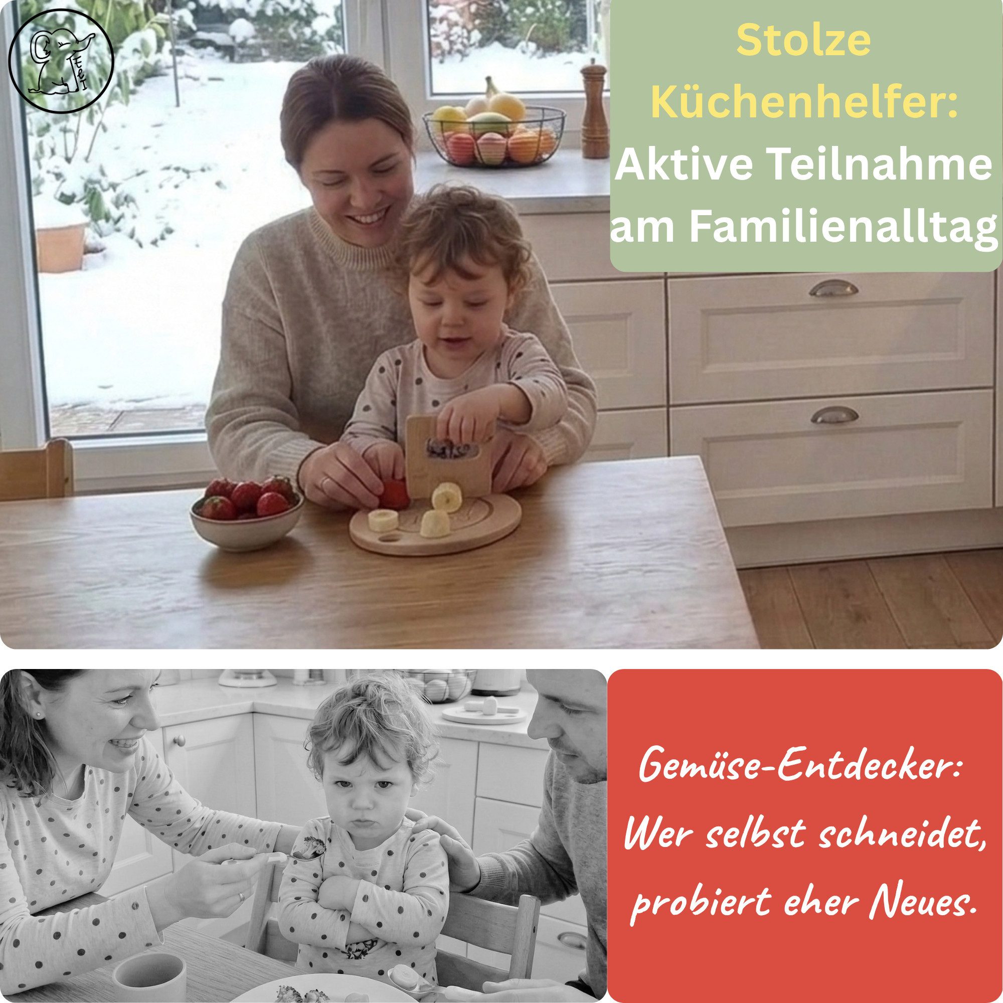 Eli Kinderkochmesser Kindermesser Set inkl. Schneidebrett und Holzmesser kindersicheres, hochwertiges 2 teiliges Set für Obst und Gemüse - Schneidebrett