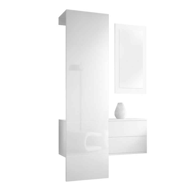 Vladon Garderoben-Set Carlton, (Wandgarderobe bestehend aus, 3-St., ​ 1 Paneel, 1 Schubkastenschrank und 1 Wandspiegel), Weiß matt/Weiß Hochglanz (105 x 193 x 35 cm)