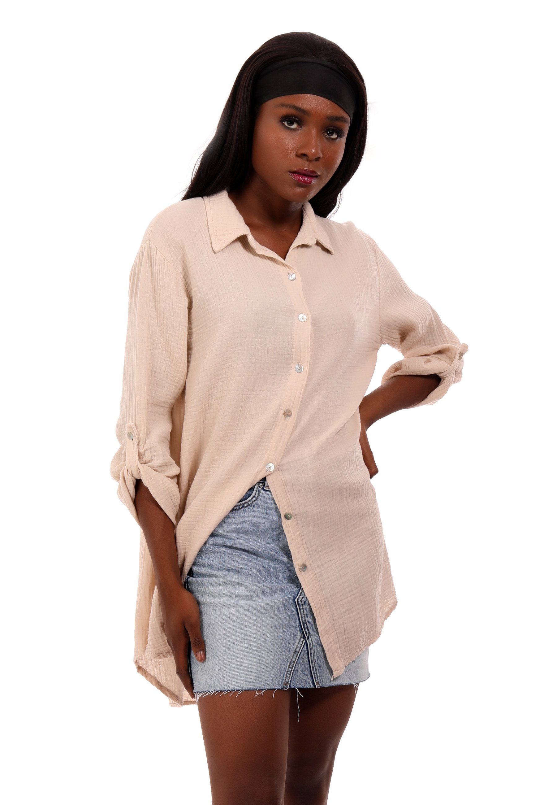 YC Fashion & Style Hemdbluse Bluse Oversized Long bluse Herrlich weicher Musselin One Size (1-tlg) Uni, Langarm, Casual vanille