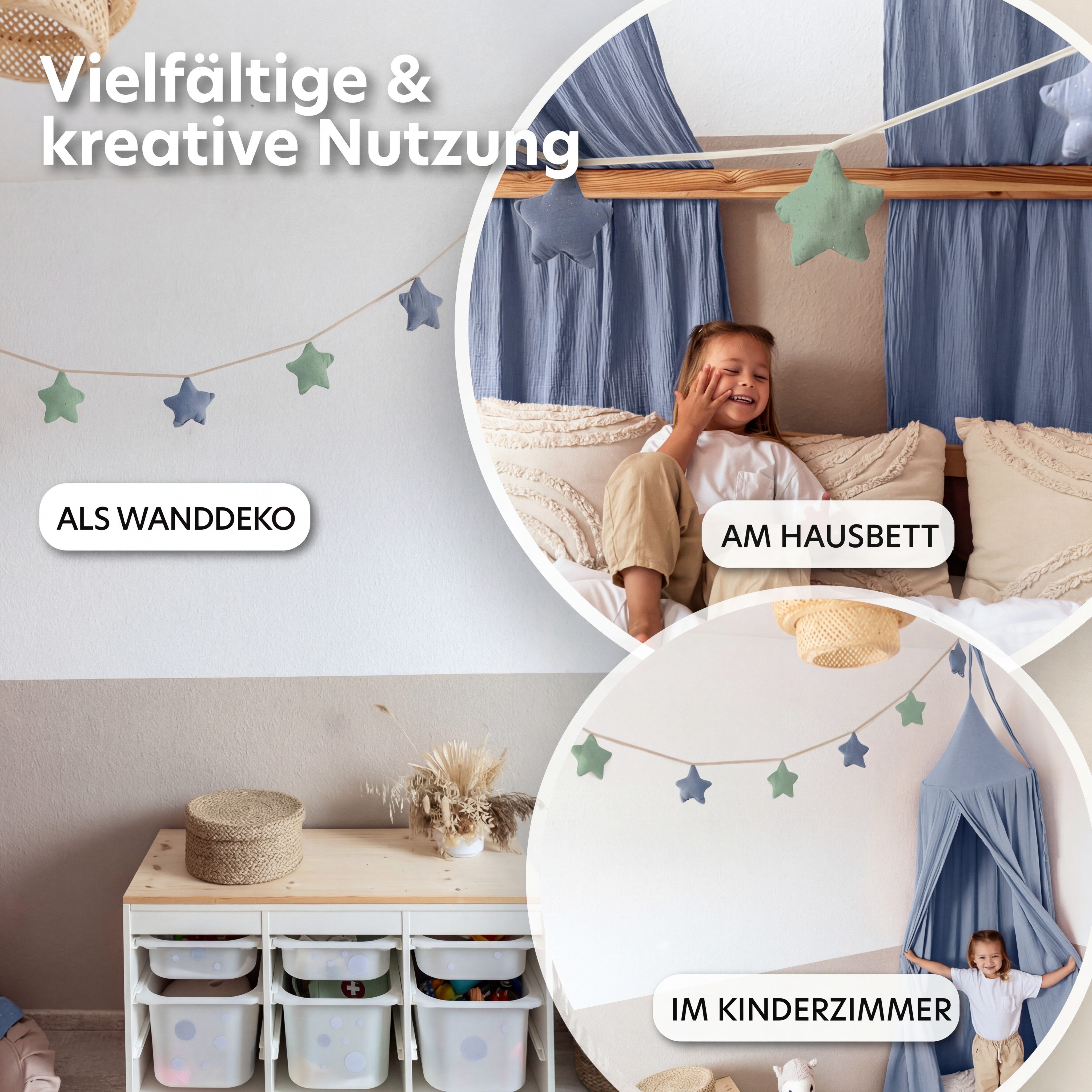 lilimaus Wimpelkette Sternenkette für Kinderzimmer - handgenähte Stoff-Girlande, handgefertigte Stoff-Girlande ca. 300 cm - Wimpel oder Sterne
