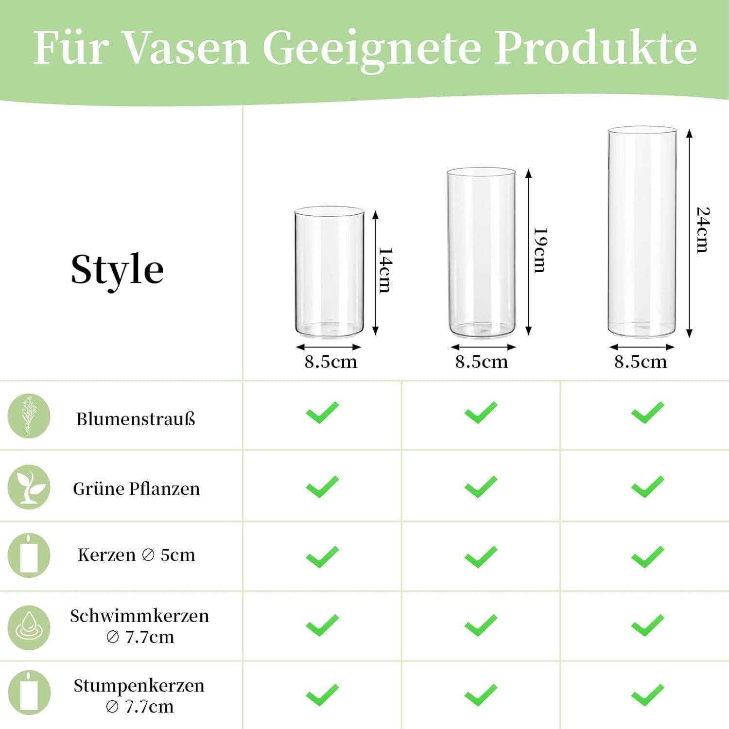 LuxusKollektion Tischvase Moderne Glas Zylinder Vase Deko 6 Stück 15/20/25cm Blumenvase