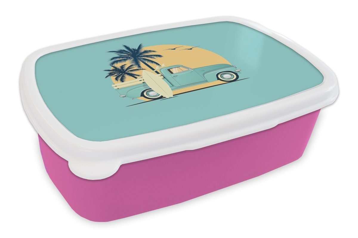 MuchoWow Lunchbox Bus - Surfbrett - Sommer - Zeichnung, Kunststoff, (2-tlg), Brotbox für Erwachsene, Brotdose Kinder, Snackbox, Mädchen, Kunststoff rosa