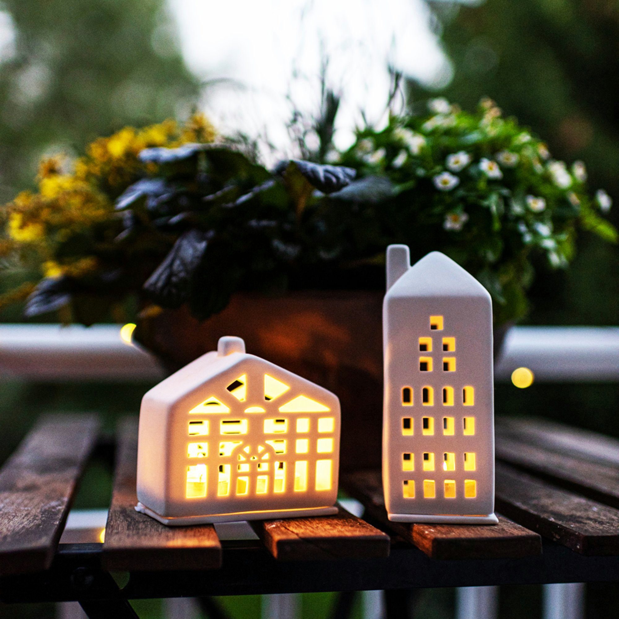 mit Wohnhaus matt Deko Keramik Dänisches glasierter, aus 2er und Lichthaus Fachwerkhaus Parusia weißer Design, Windlicht Kerzenteller, Set