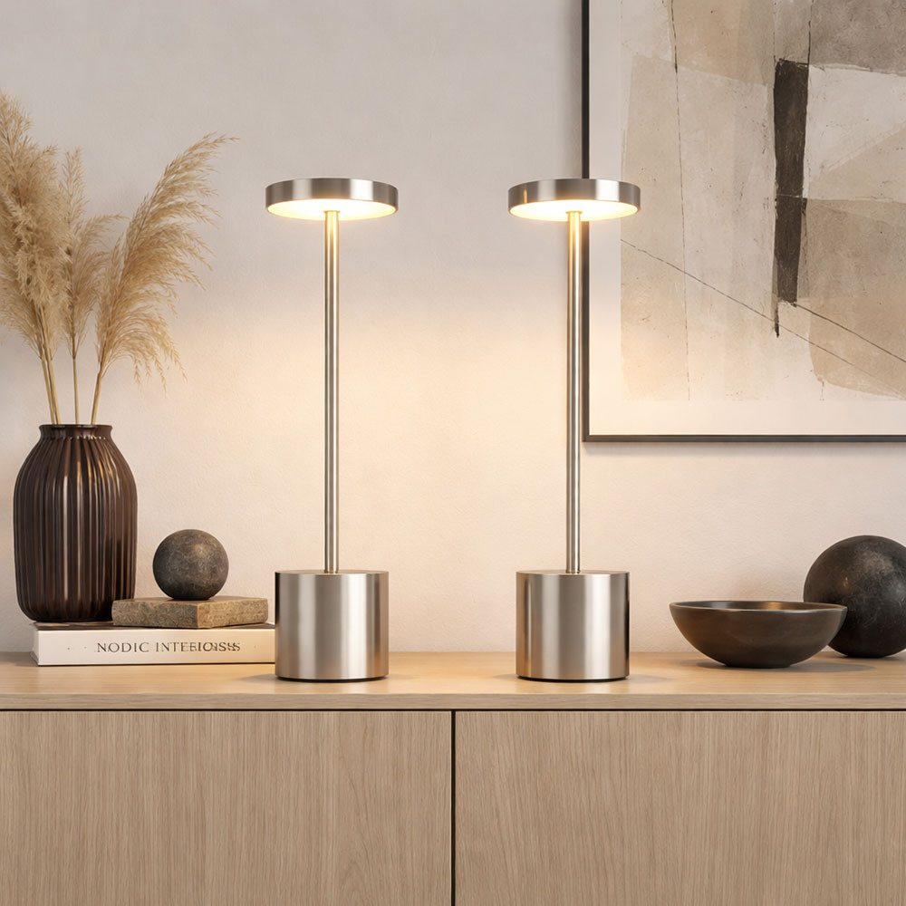 GLOBO LIGHTING Schreibtischlampe, LED-Leuchtmittel fest verbaut, Kaltweiß, Warmweiß, Neutralweiß, Tageslichtweiß, Tischlampe Wohnzimmerlampe Akkuleuchte silber Touchdimmer LED 2er Set