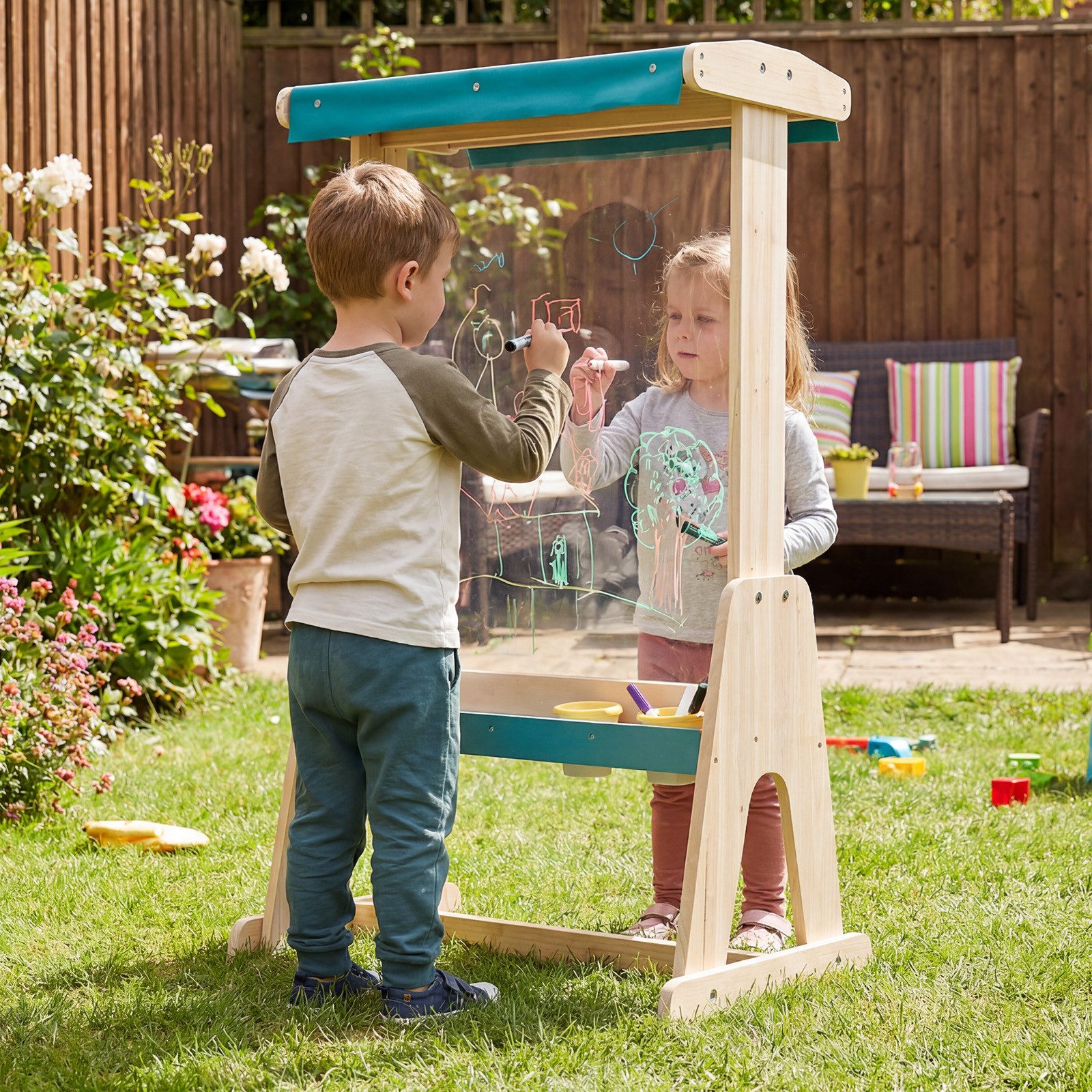 COSTWAY Standtafel, Staffelei für kinder mit Malplatte & Sonnendach