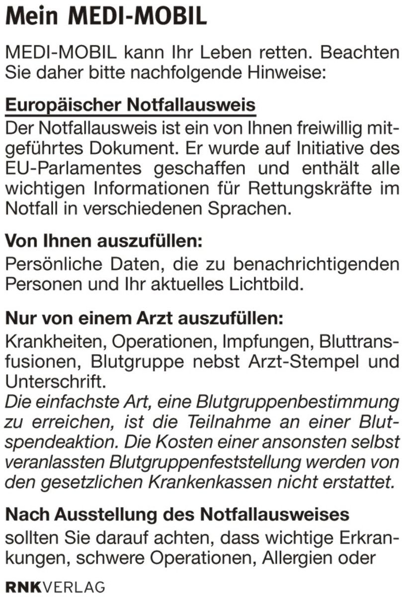 RNK Verlag Erste-Hilfe-Set Notfallset Medi-Mobil mit diversen Ausweisvordrucken