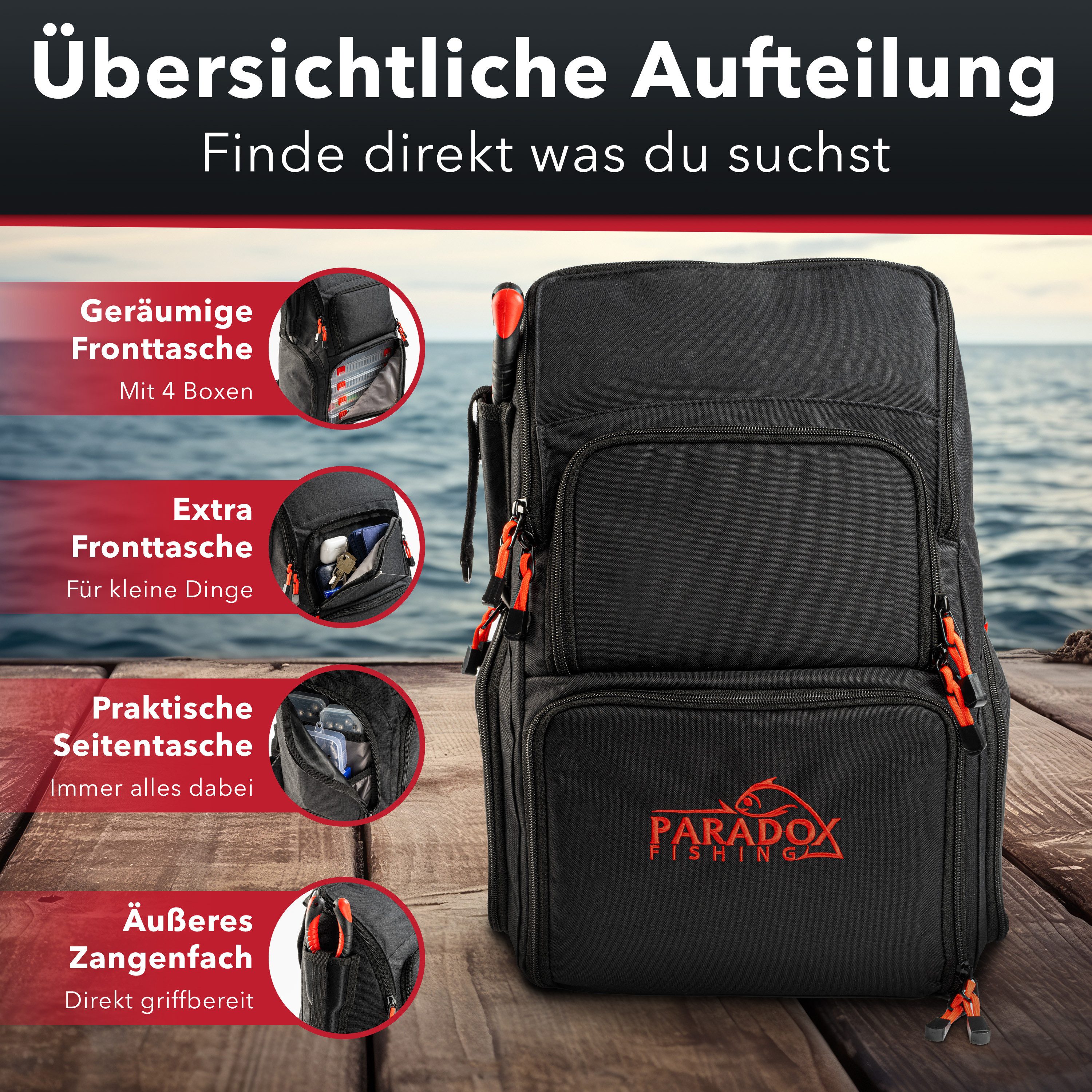 Paradox Fishing Angelrucksack (5-tlg., mit 4 Boxen, 46*34*22cm), wasserdich günstig online kaufen