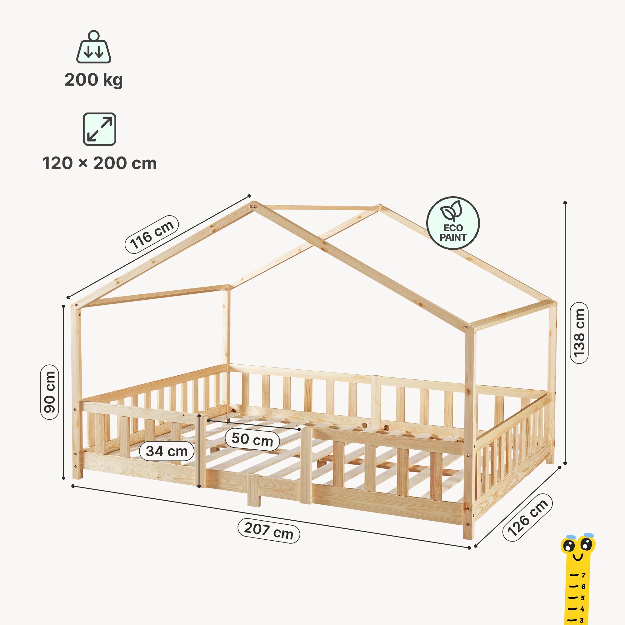 en.casa Kinderbett, »Treviolo« Haus-Optik Montessori 120x200 cm Holzfarben