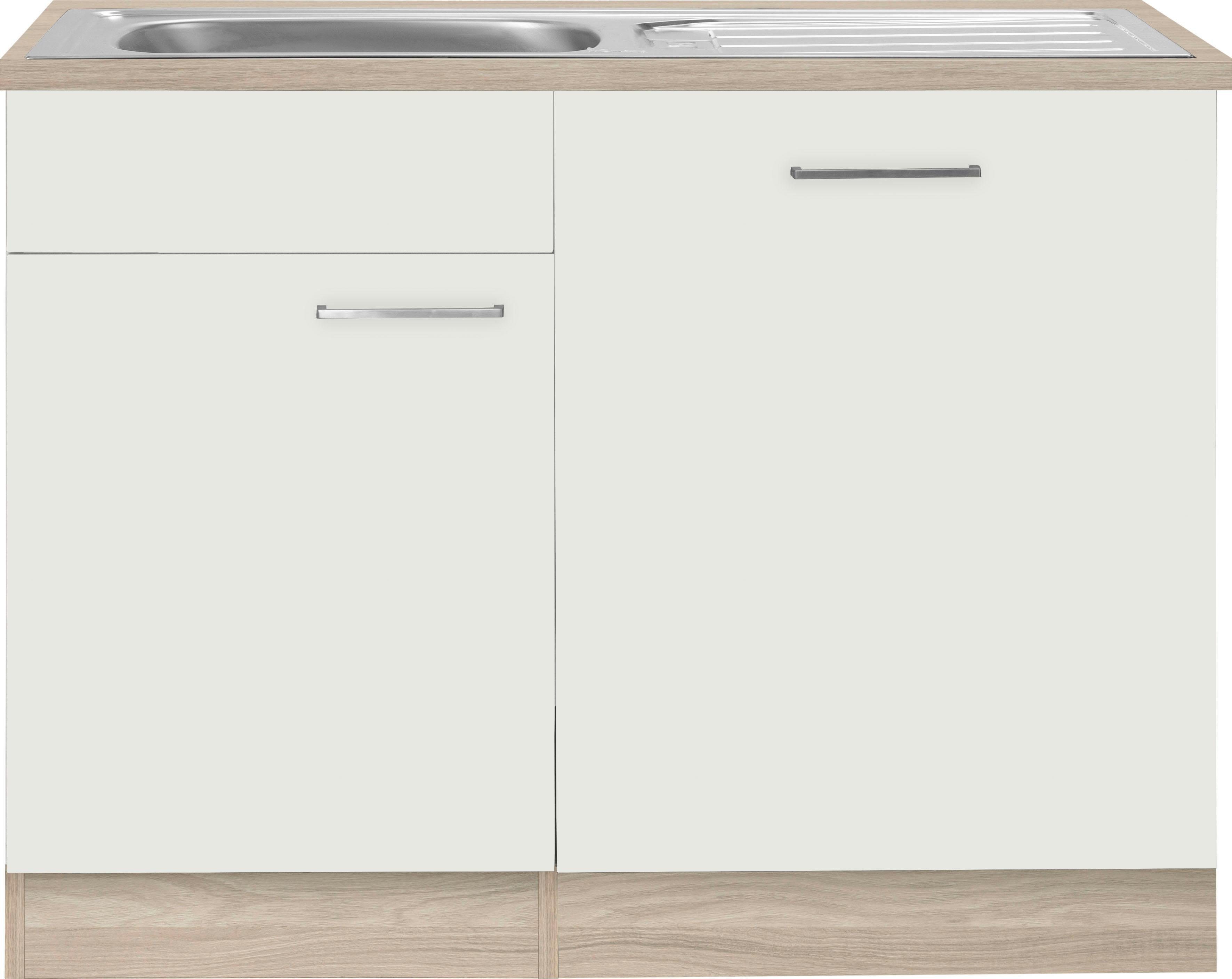 wiho Küchen Spülenschrank Zell Breite 110 cm, inkl. Tür/Sockel für Geschirrspüler weiß/satin eichefarben