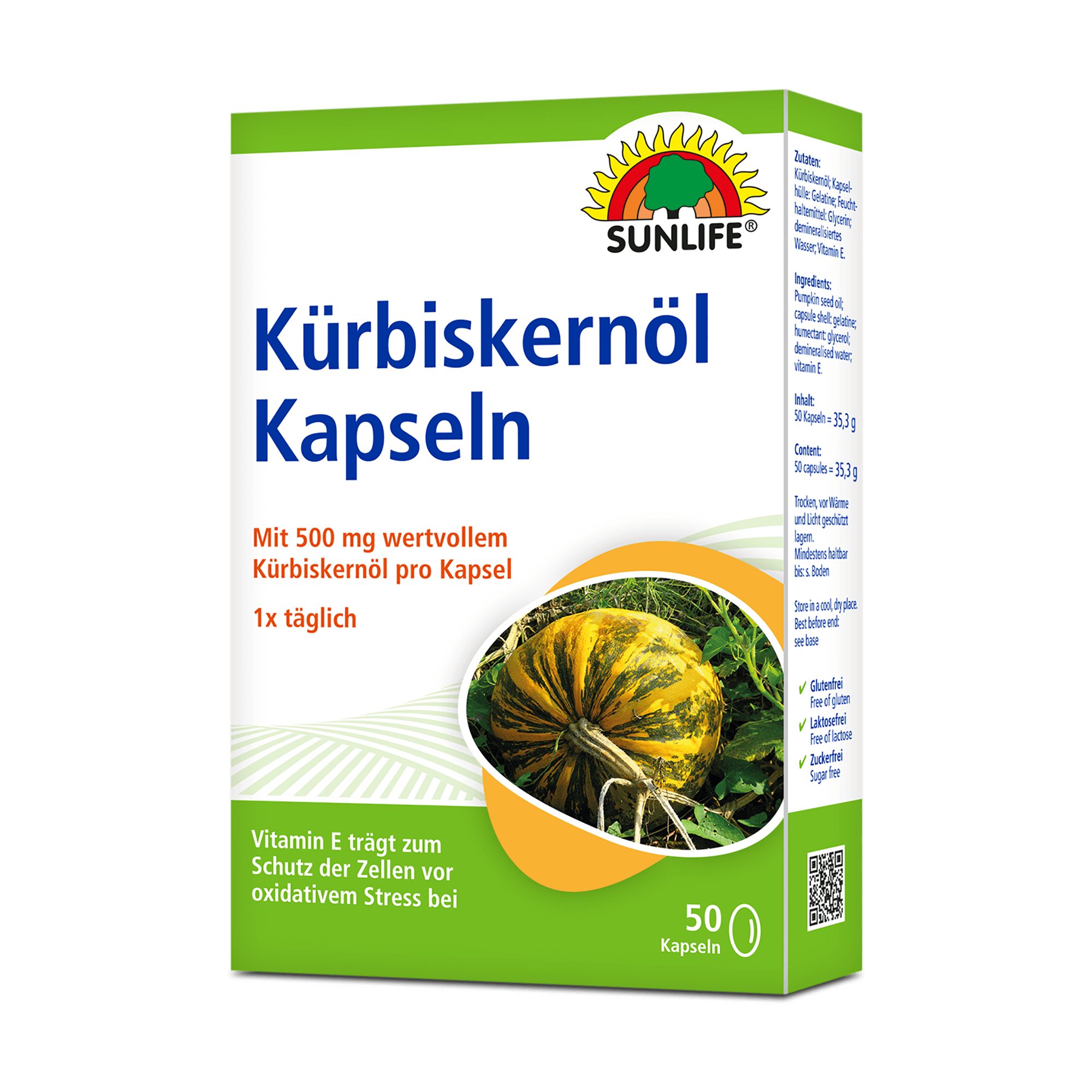 SUNLIFE SUNLIFE® Kürbiskernöl Kapseln 500 mg + Vitamin E Immunsystem Vegan 1 x täglich eine Kpasel mit ausreichend Flüssigkeit schlucken