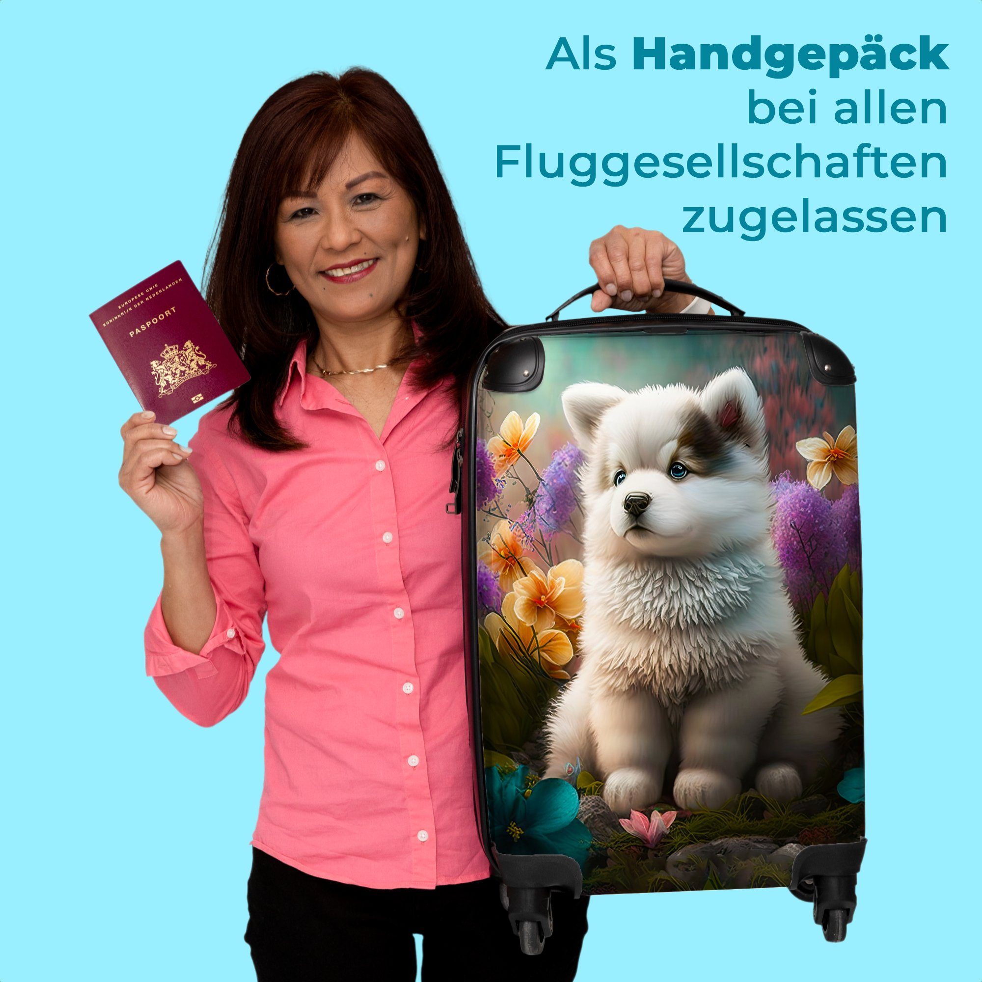 NoBoringSuitcases.com© Handgepäckkoffer 55x35x20cm Welpe Kleine Natur Pflanzen - - Cabin 4 - Rollkoffer Rollen Husky, mit - Rollen, Handgepäck Reisekoffer 4 Blumen Trolley 