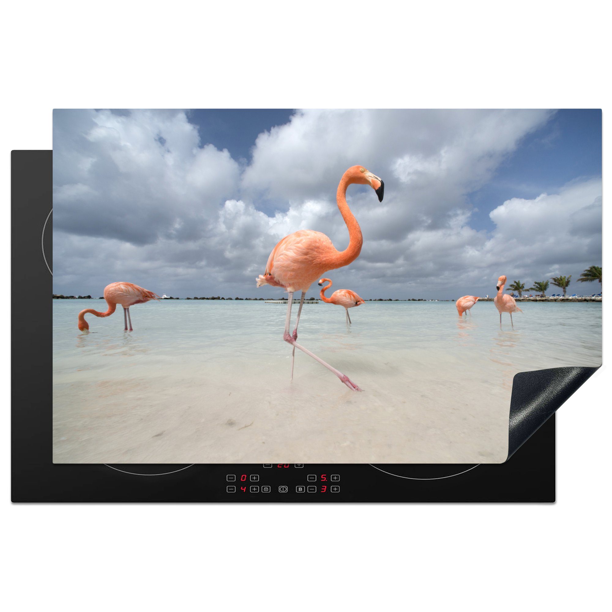 MuchoWow Herdblende-/Abdeckplatte Flamingos auf einer Insel in Aruba, Vinyl, (1 tlg), 81x52 cm, Induktionskochfeld Schutz für die küche, Ceranfeldabdeckung