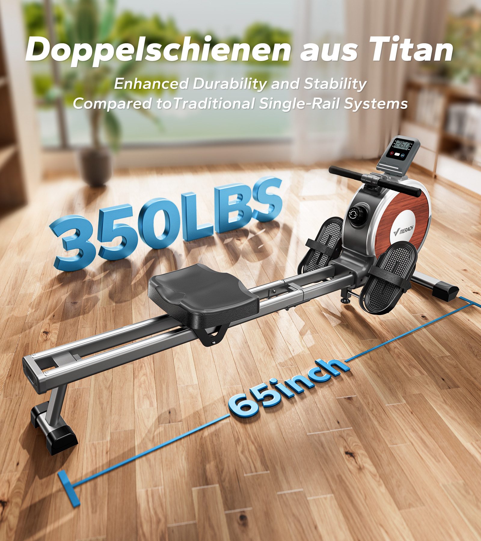 MERACH Rudergerät für Zuhause, 16 Stufen Widerstand, Leise und Stabilität (Magnetisches Rudergerät mit Upgrade Doppel-Slide-Rails, Exklusiver APP, Bluetooth LCD-Datenanzeige), Einfacher Aufbau, Die Erste Wahl für Heimfitness