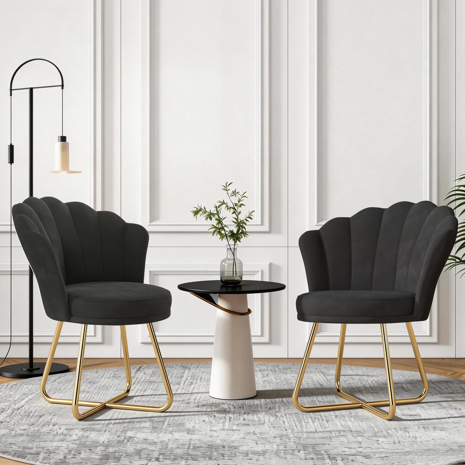 HawthyHome Polsterstuhl Polstersessel mit Blütenblatt-Rückenlehne & Goldene Metallbeine (2 St), ideal für Esszimmer & Schminktisch