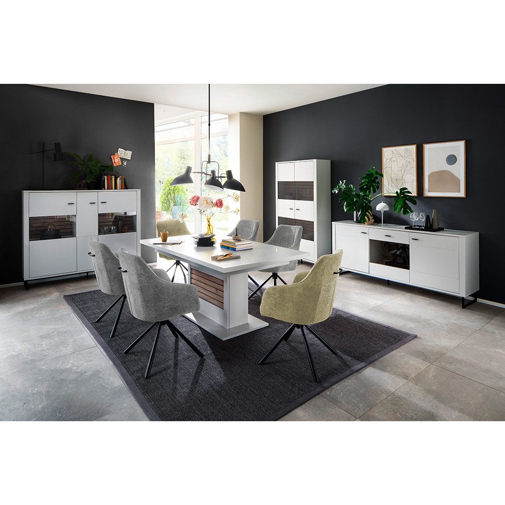 Lomadox Esszimmer-Set LAUREANA-05, (Spar-Set, 4-St., Highboard Vitrine Sideboard Esstisch), Esszimmermöbel, weiß mit Eiche, ausziehbarer Esstisch 180/230/280cm