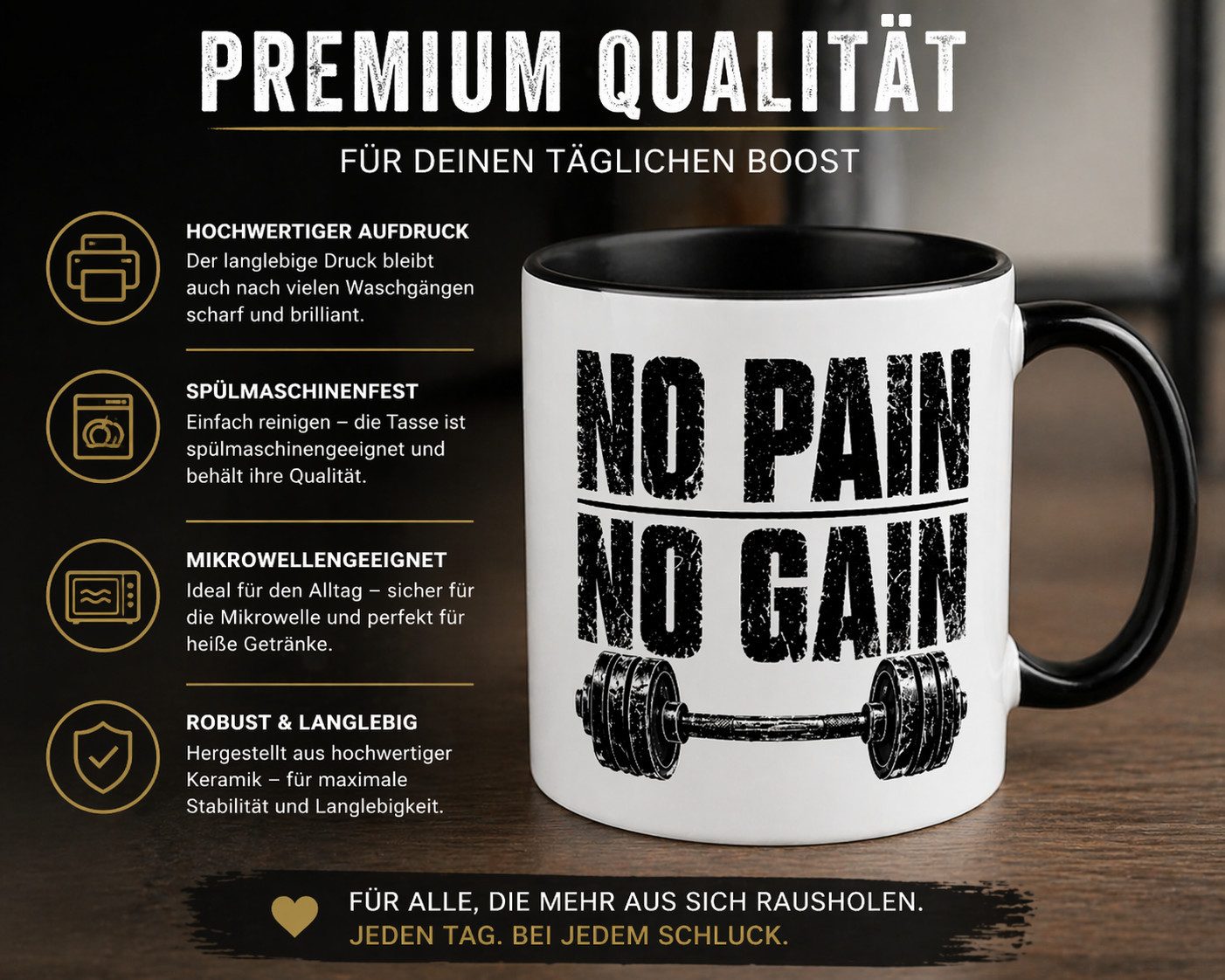 Deggelbam Tasse "No Pain No Gain" Kaffeetasse Fitness Bodybuilder Gym Fans, Geschenkidee Geschenk für Fitness Gym Bodybuilder & Maschinen