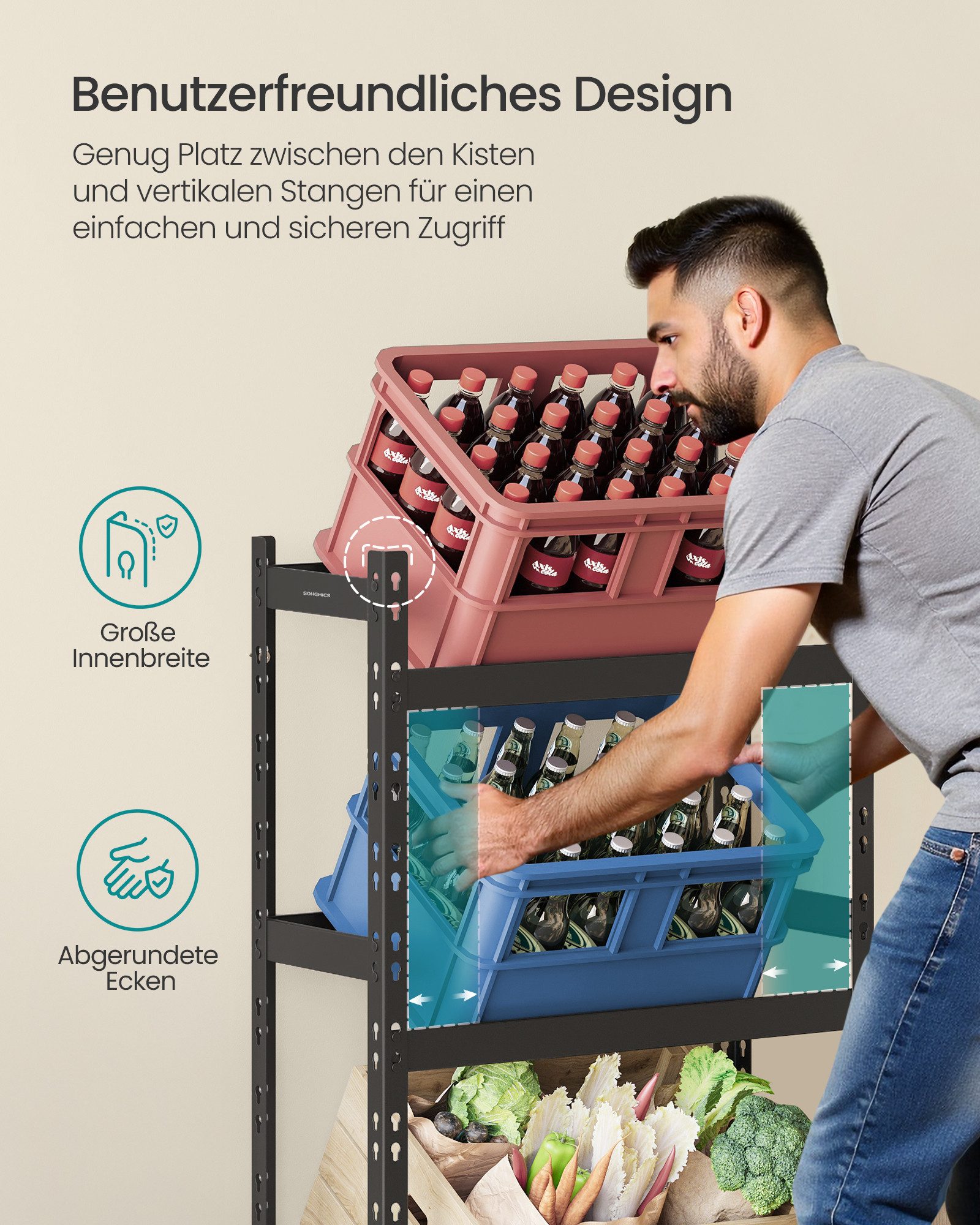 SONGMICS Flaschenregal, Getränkeregal, Getränkekistenregal, 6 Kisten, bis 90kg belastbar