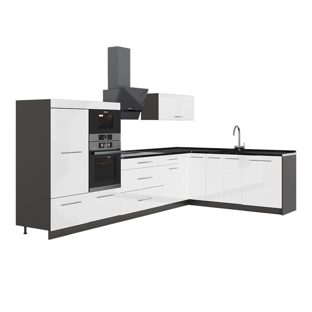 Vicco Winkelküche Fame-Line, Weiß Hochglanz/Anthrazit, 347 x 207 cm ohne Arbeitsplatte