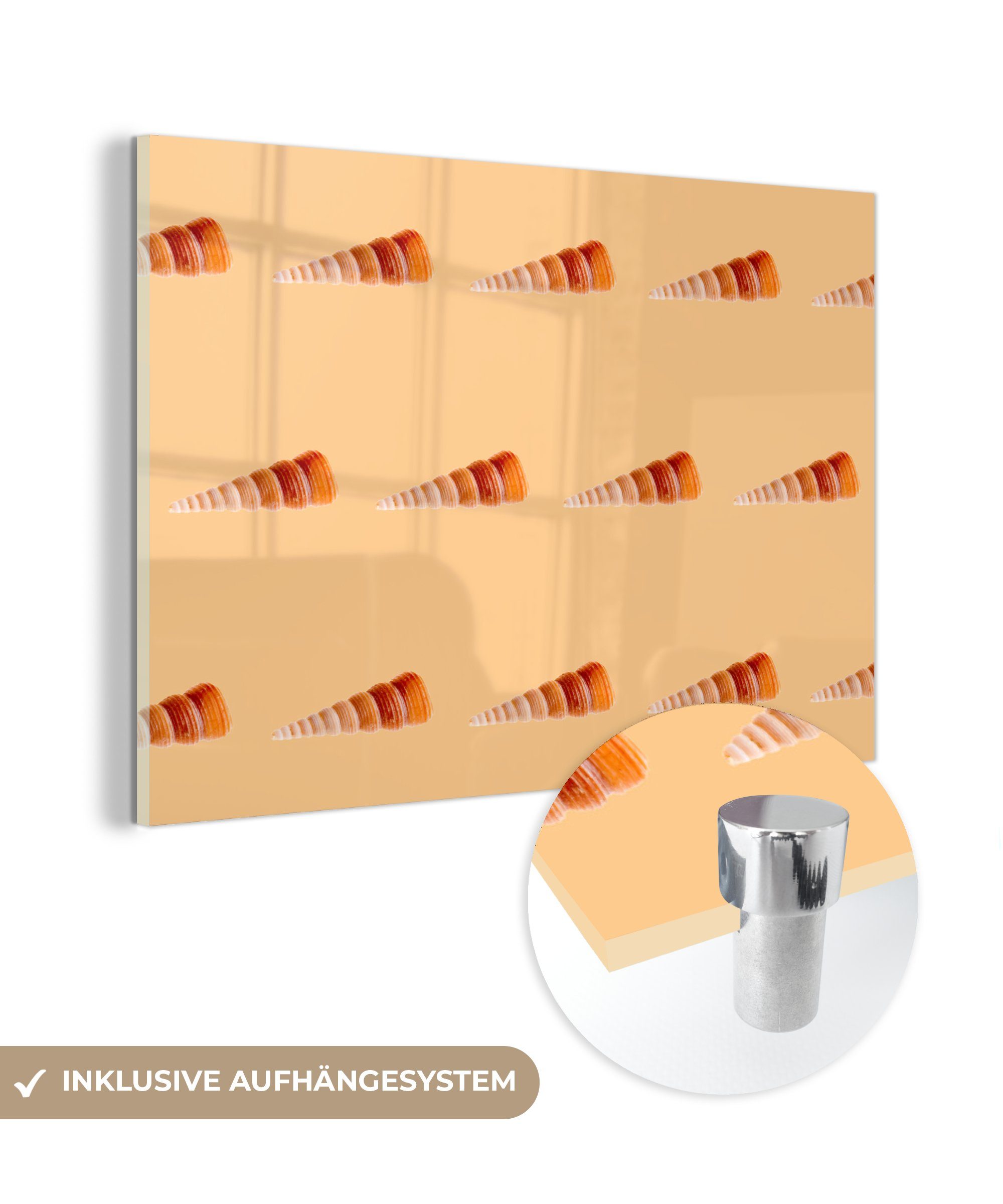 MuchoWow Acrylglasbild Muscheln - Muster - Orange, (1 St), Glasbilder - Bilder auf Glas Wandbild - Foto auf Glas - Wanddekoration