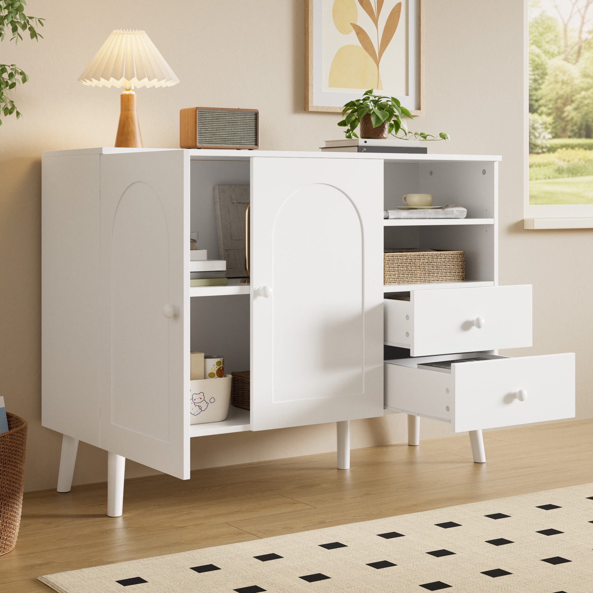 STILVORA Sideboard Aufbewahrungsschrank Kommode mit Schubladen und Holzfüße (2 Schubladen, 2 offene Fächer, Holzgriffe, Holzfüße, Gewölbte Fronten, pflegeleicht, formstabil, erhöhte Konstruktion), für Wohnzimmer, Esszimmer, Flur, Eingangsbereich, Arbeitszimmer