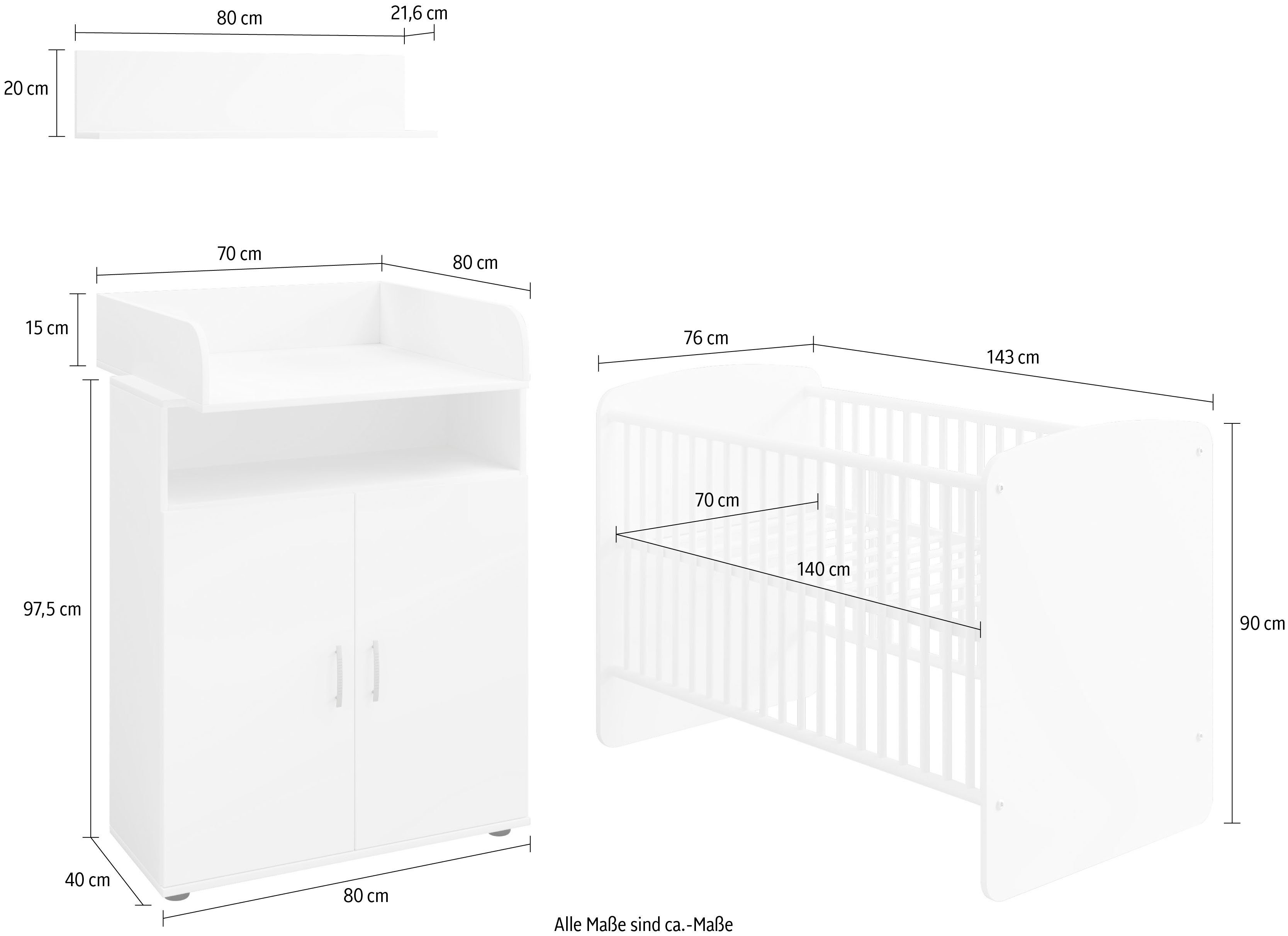 70 (Set 140 Wandboard), aus: x cm, Babyzimmer Kommode, Desmond 140 x cm, wahlweise Farbausführungen 70 Wickelaufsatz, Babybett Weiß/Eiche Set Lüttenhütt Komplettes 3 LF Babymöbel-Set,