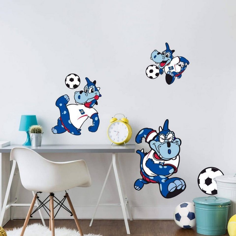 Hamburger SV Wandtattoo Fußball Wandtattoo HSV Hamburger SV Maskottchen  Hermann Drache 3-er Set, Wandbild selbstklebend, entfernbar