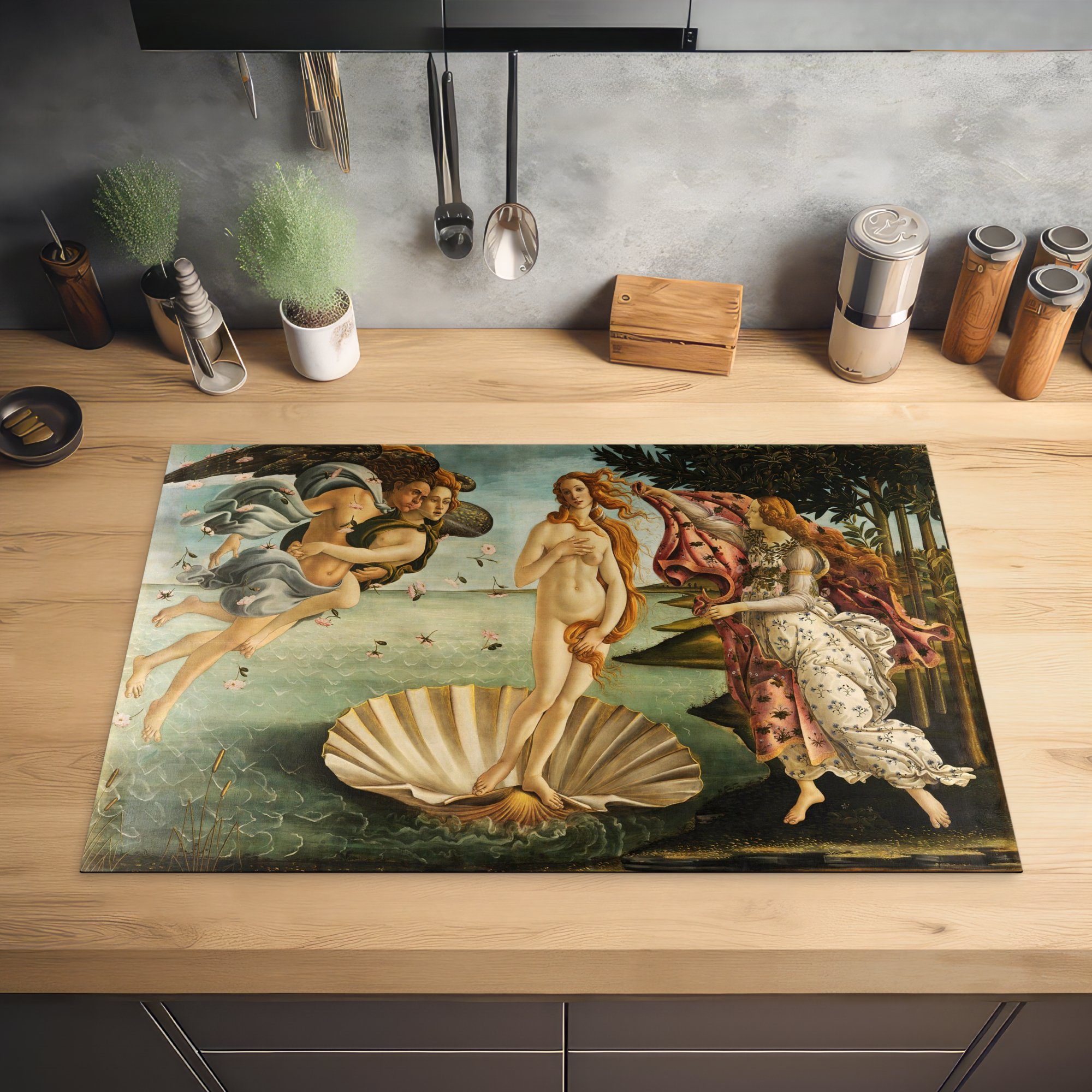 für Botticelli, 81x52 (1 Die der Gemälde Schutz Geburt Vinyl, - die cm, Ceranfeldabdeckung Venus Induktionskochfeld küche, tlg), MuchoWow Herdblende-/Abdeckplatte von Sandro