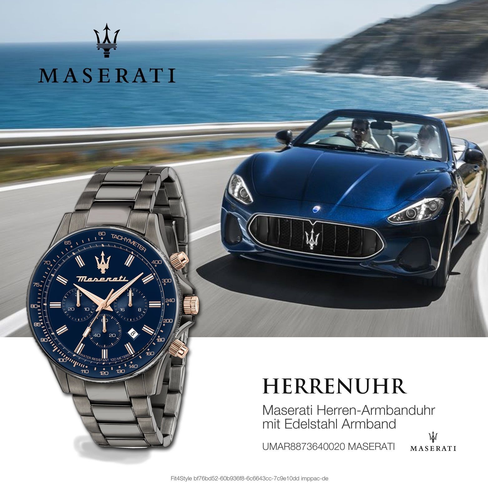 (ca. MASERATI blau Herrenuhr Armbanduhr 44mm) Sfida, Edelstahlarmband, Maserati Gehäuse, groß Herren rundes Chronograph
