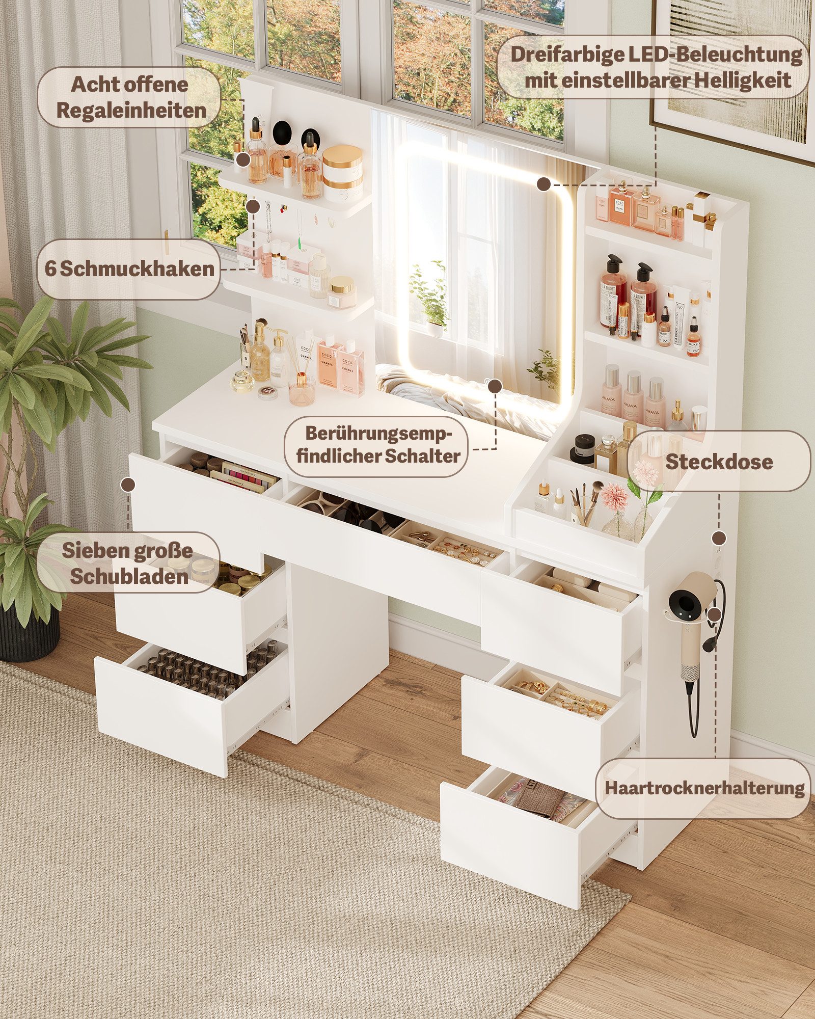 HOMALL Schminktisch Spiegel mit LED-Beleuchtung, 7 Schubladen (Maße: 110 × 40 × 139 cm, drei einstellbare Farbtemperaturen, mit 8 offenen Ablagefächern, 6 Schmu – Bild 4 von 5