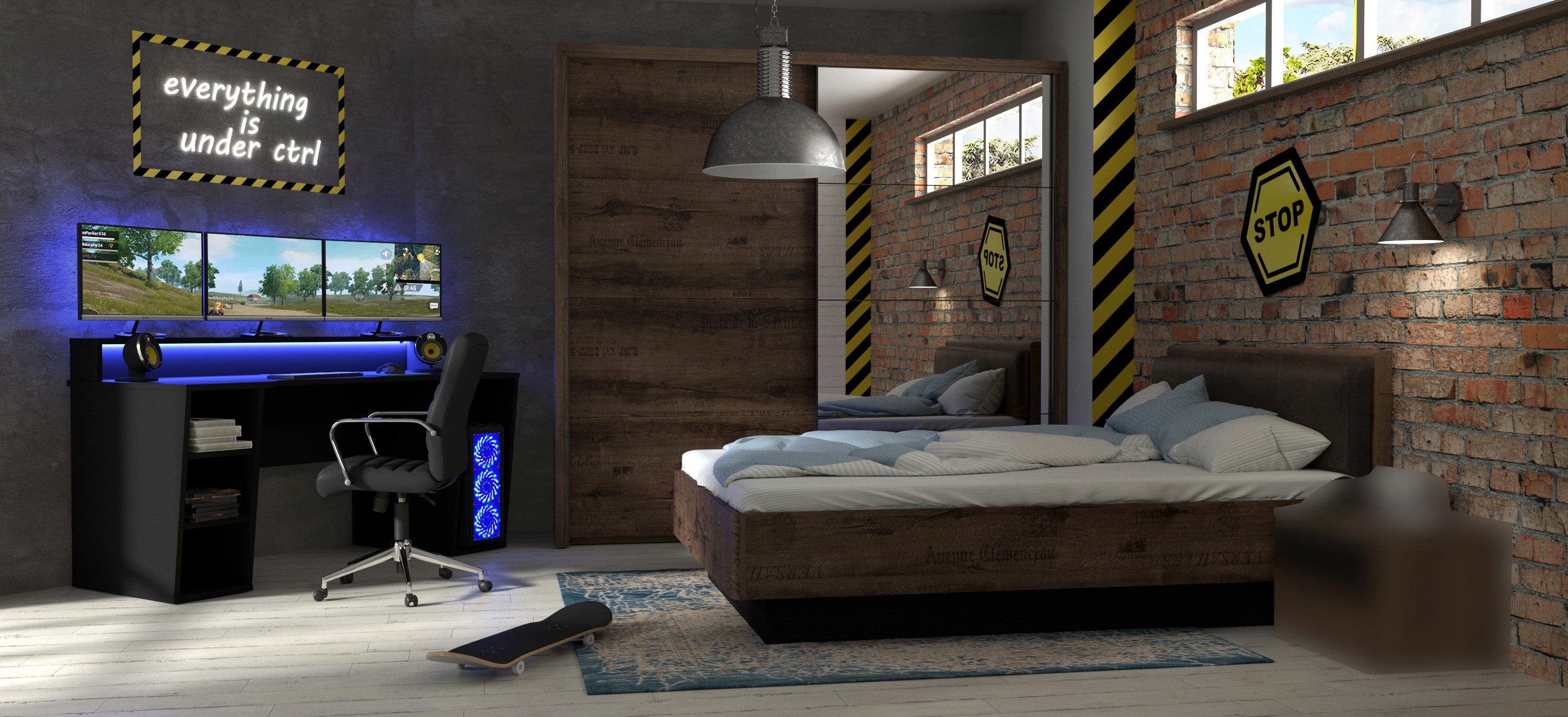möbel-direkt.de Jugendzimmer-Set Tezaur "Jacky", (Komplett Set, 3-St., in verschiedenen Zusammenstellungen wählbar), RGB- LED- Beleuchtung, ABS- Kanten