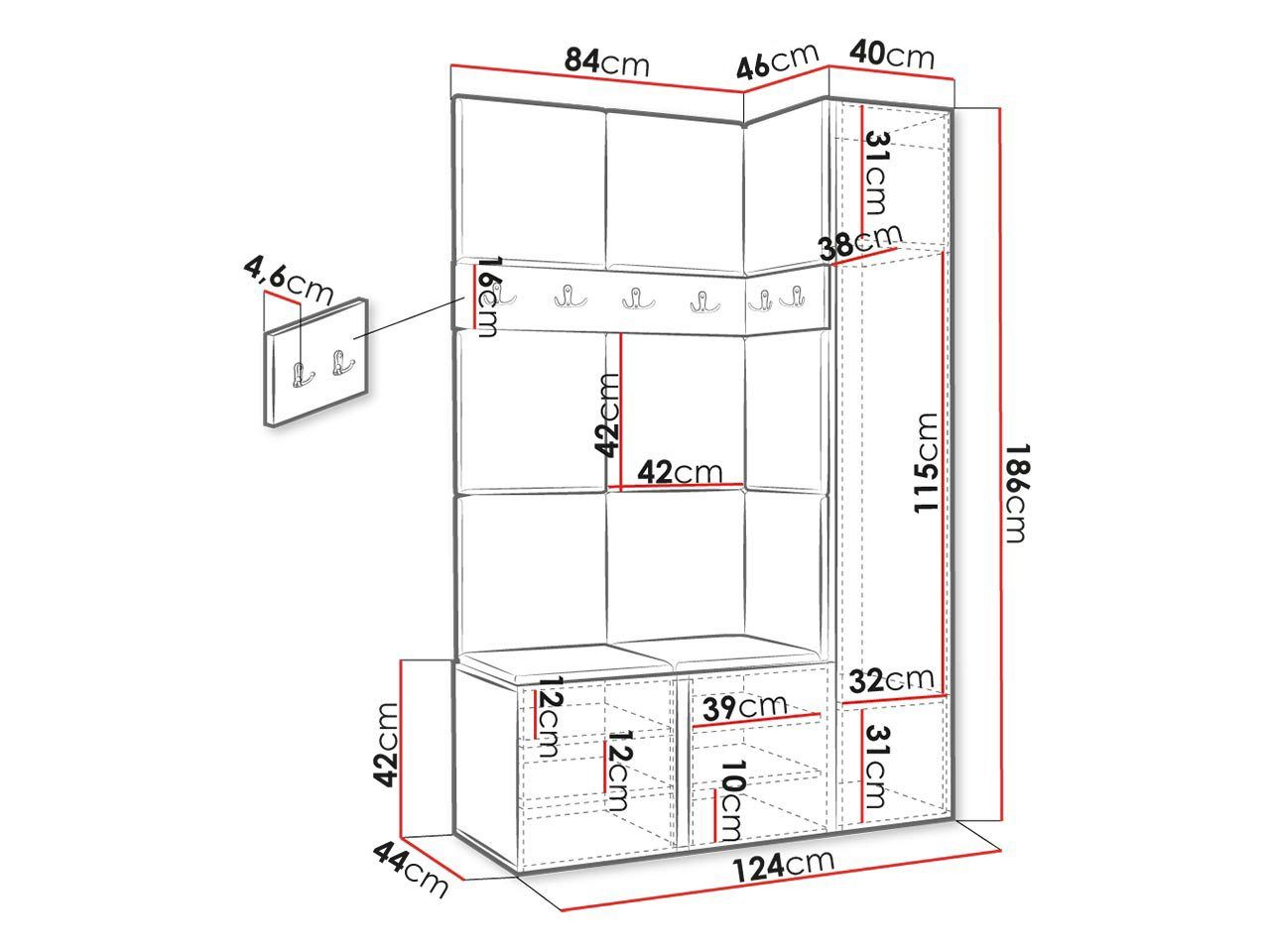 MIRJAN24 Garderoben-Set Orion X, (Komplett-Set, Schuhschrank, Schrank mit Spiegel, 2x Kleiderhaken, Paneel 11x 42x42), Auswahl aus Fronten und Polsterplatten