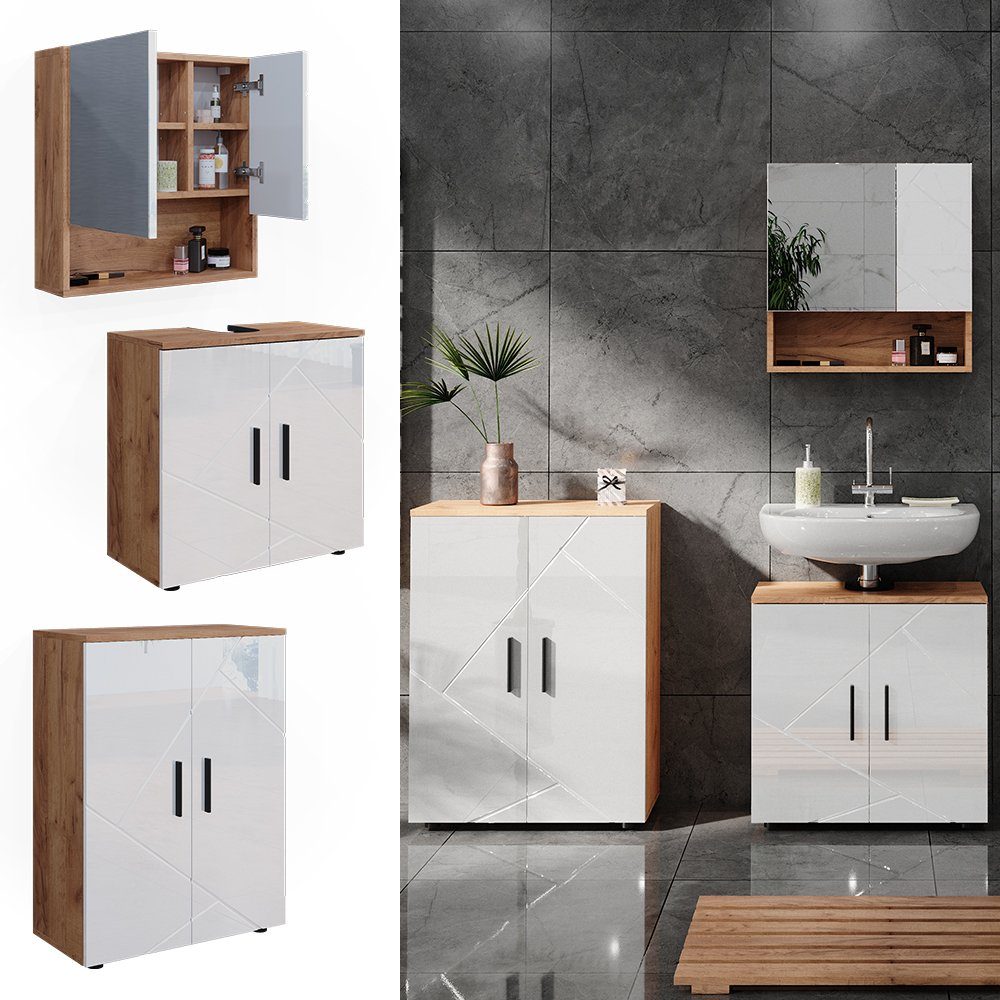 Vicco Badmöbel-Set Irma, Eiche/Weiß Hochglanz, 3 Teile, mit Unterschrank 60 günstig online kaufen