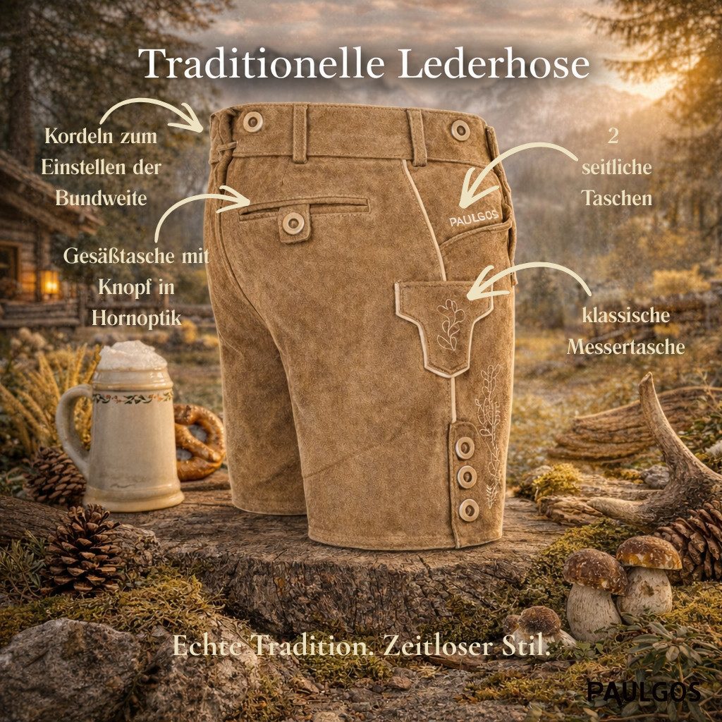 PAULGOS Trachtenhose Herren Lederhose Kurz mit Trägern 100% Echtleder - HK1