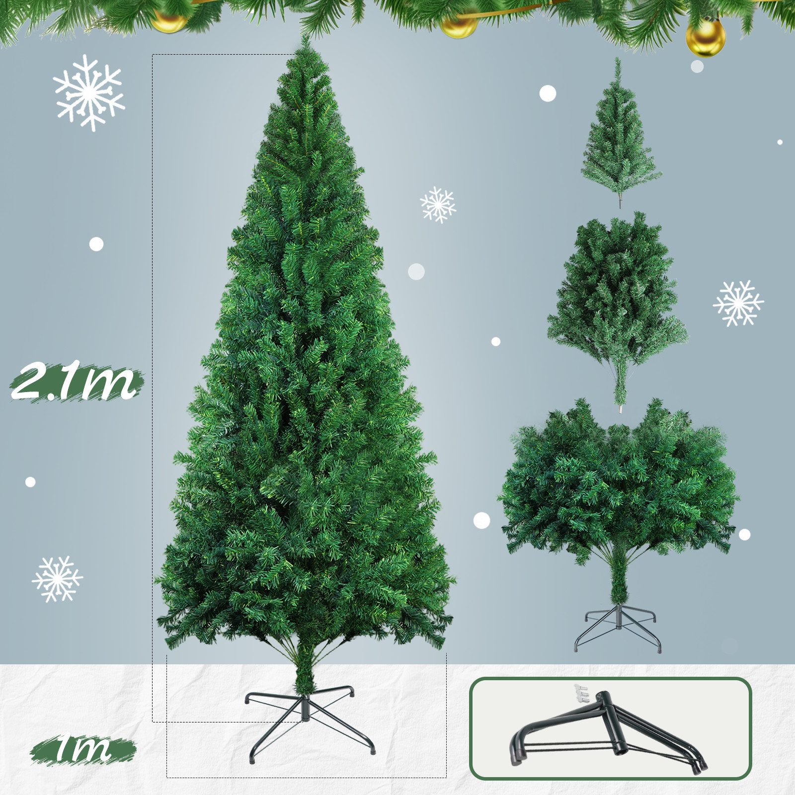 ZMH Künstlicher Weihnachtsbaum 210CM Grün-Weiß PVC- und Pe-Weihnachtsbäume Wohnzirmmer, hybrider automatischer Kupplungsbaum