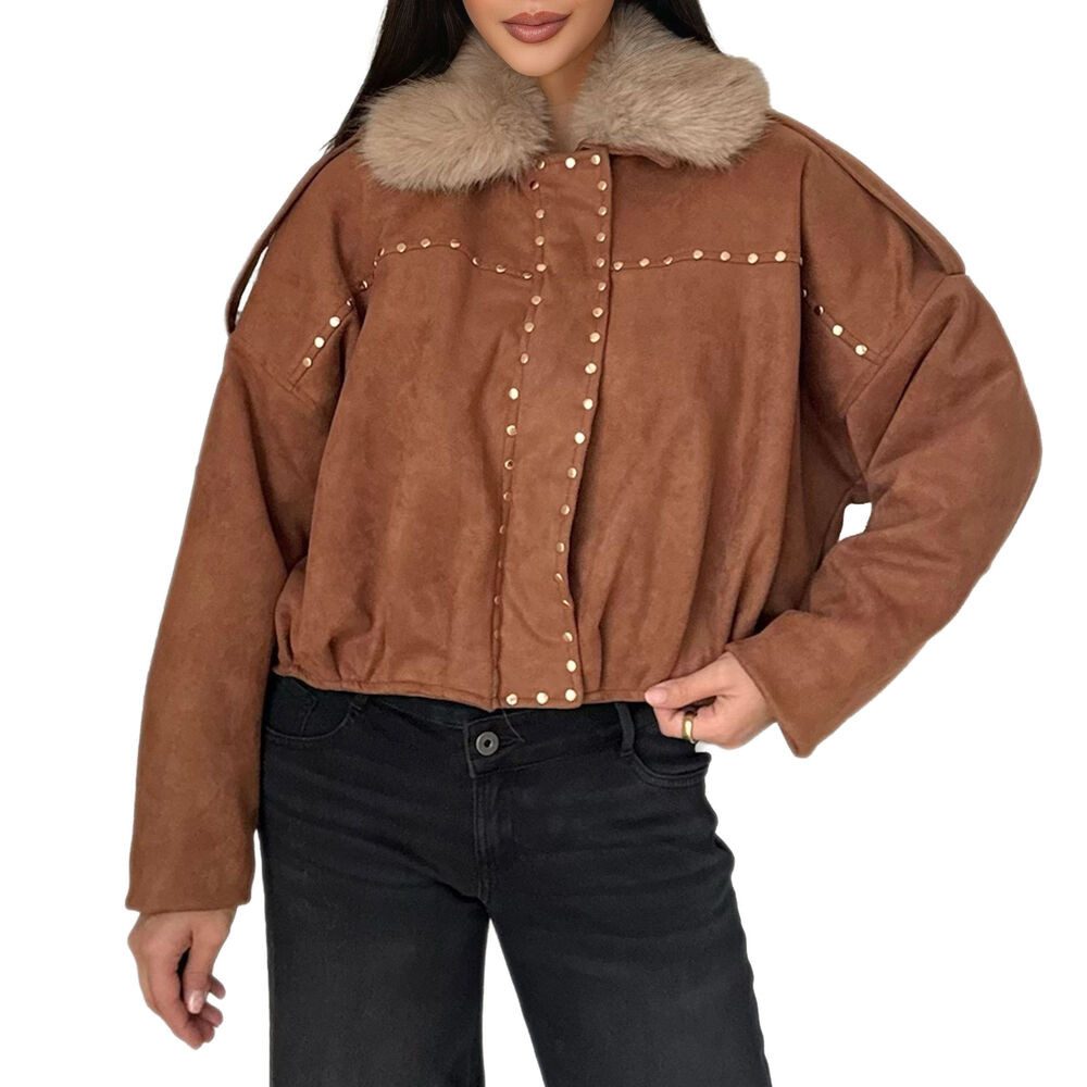 Ital-Design Bomberjacke Trendige Damenjacke mit Nieten und Kuschelkragen (90800184) Dekofell Gefüttert Winterjacke in Camel