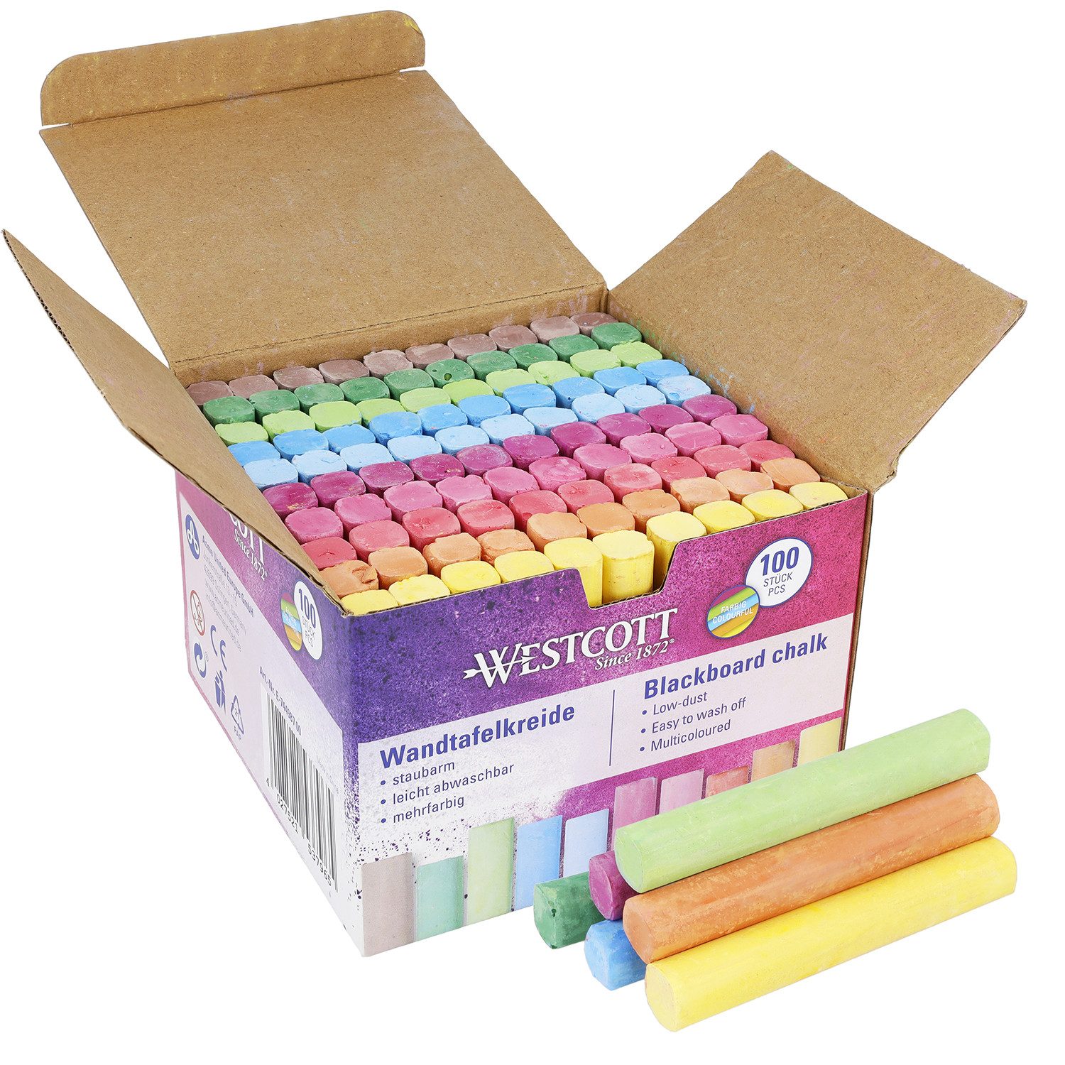 WESTCOTT Malkreide Kreide 100 Stück Mix, Vorteilspack Tafelkreide 1,2cm ⌀ Bunt, (Vorteilspack, 100-tlg), staubarm & leicht abwischbar