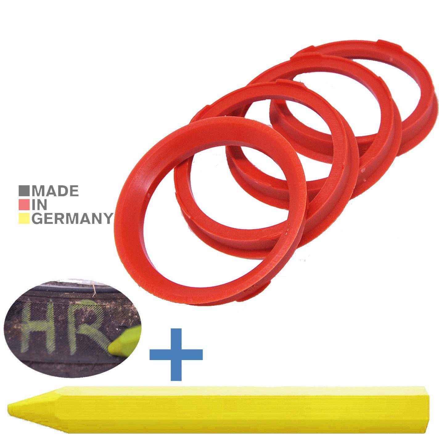 BRANDT AUTOMOTIVE Reifenstift 4X Zentrierringe Rot Felgen Ringe + 1x Reifen Kreide Fett Stift, Maße: 67,0 x 57,1 mm