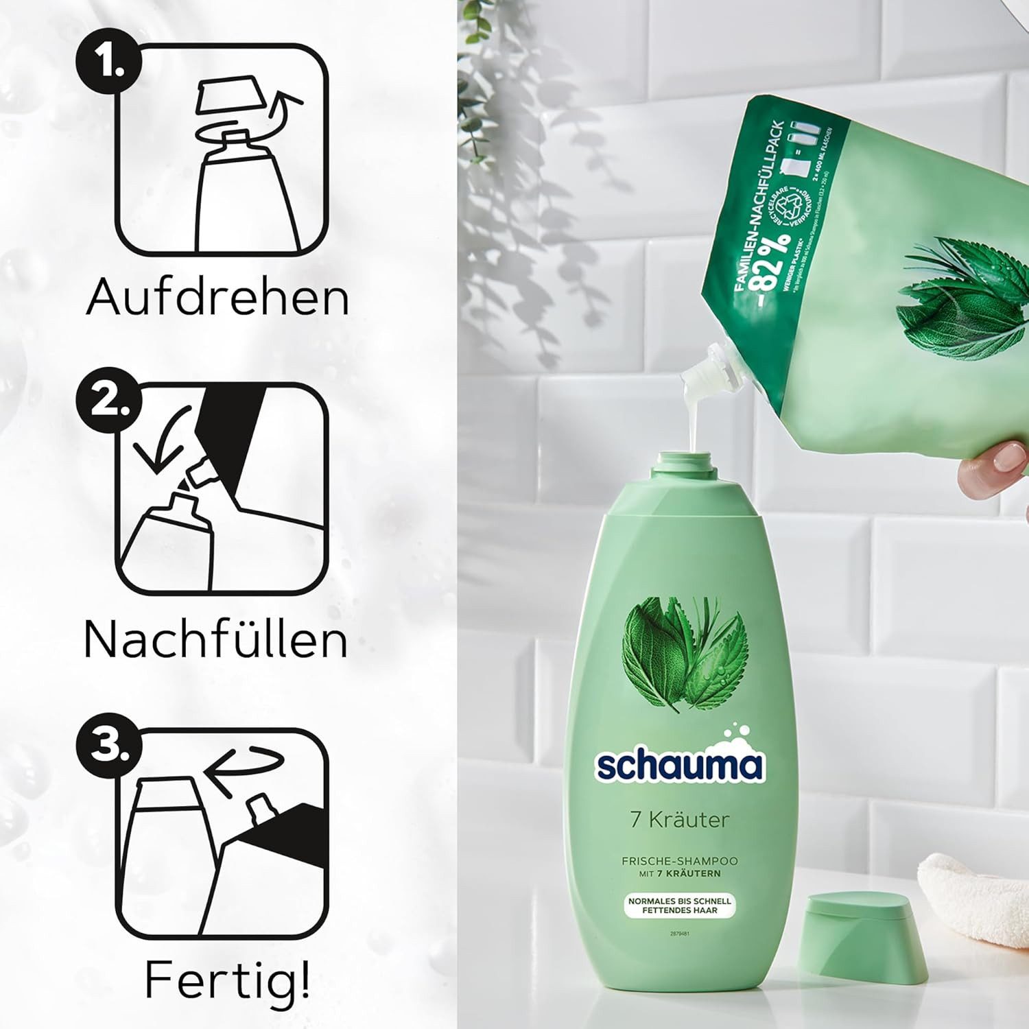 Schauma Haarshampoo 6x Schauma Shampoo 7 Kräuter Nachfüllpack (800 ml), 6-tlg., Frische-Shampoo für normales bis schnell fettendes Haar