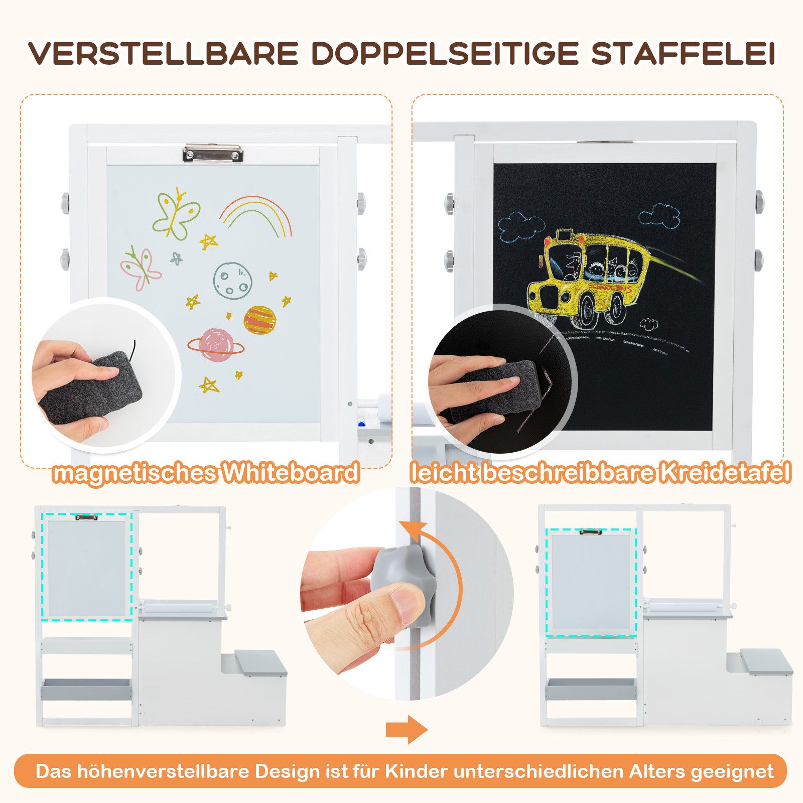 COSTWAY Standtafel 6 in 1 Kinder Staffelei Set, mit Bank – Bild 2 von 5