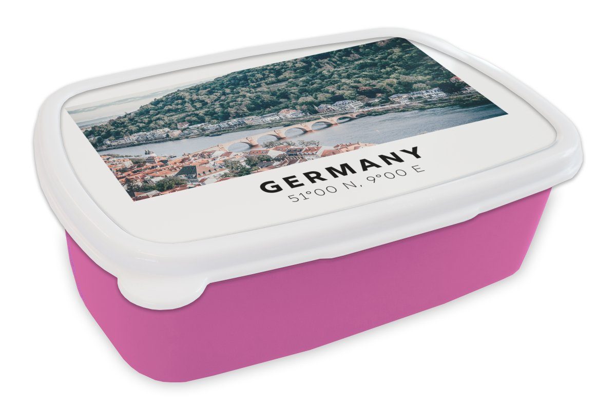MuchoWow Lunchbox Deutschland - Heidelberg - Wasser, Kunststoff, (2-tlg), Brotbox für Erwachsene, Brotdose Kinder, Snackbox, Mädchen, Kunststoff rosa