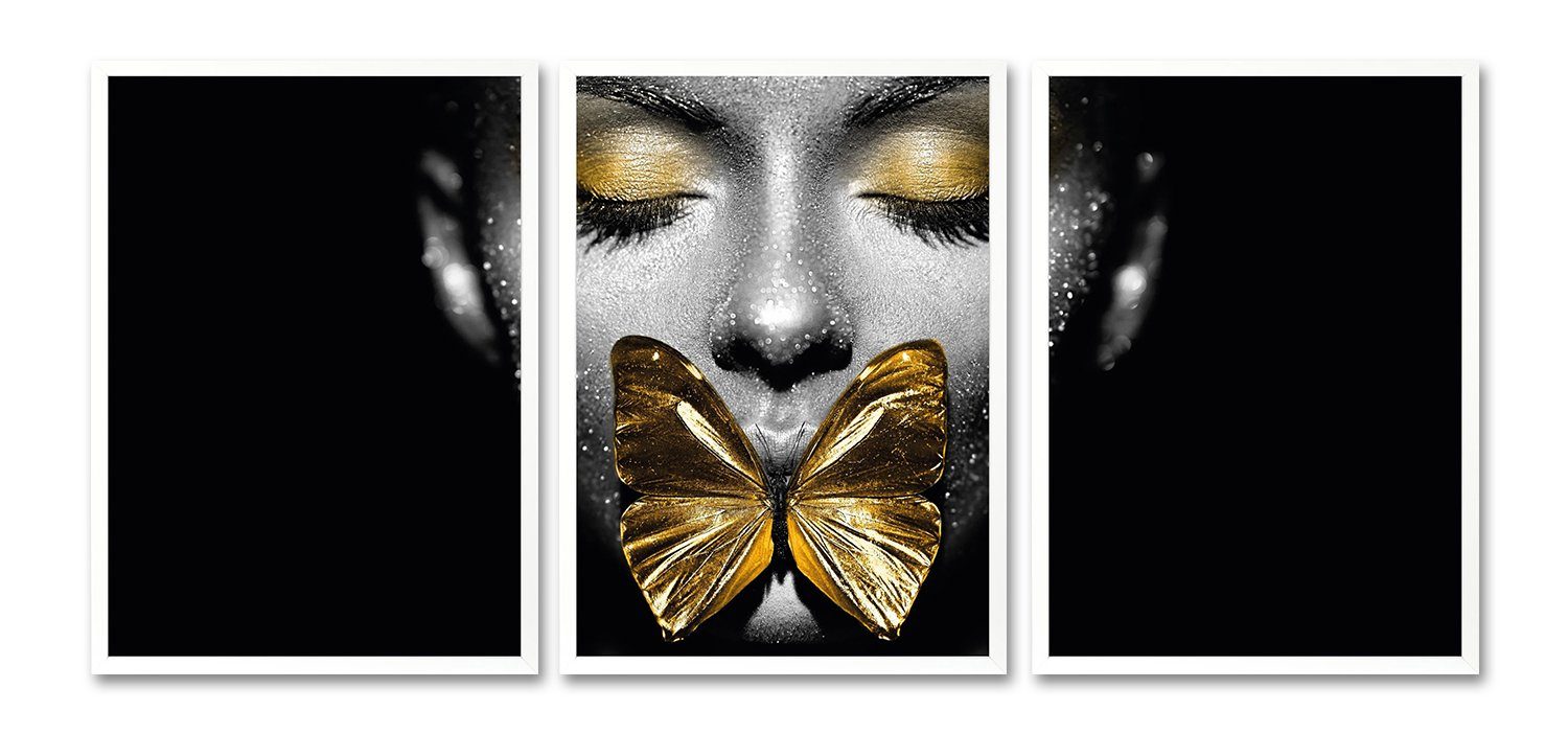 Bild Weißer Rahmen Leonique Dekoration Schmetterling 3x - Gerahmter Digitaldruck Holzrahmen Triptychon 30x40 mit Wandbild, Gesicht - - - - cm Gold Rahmen -