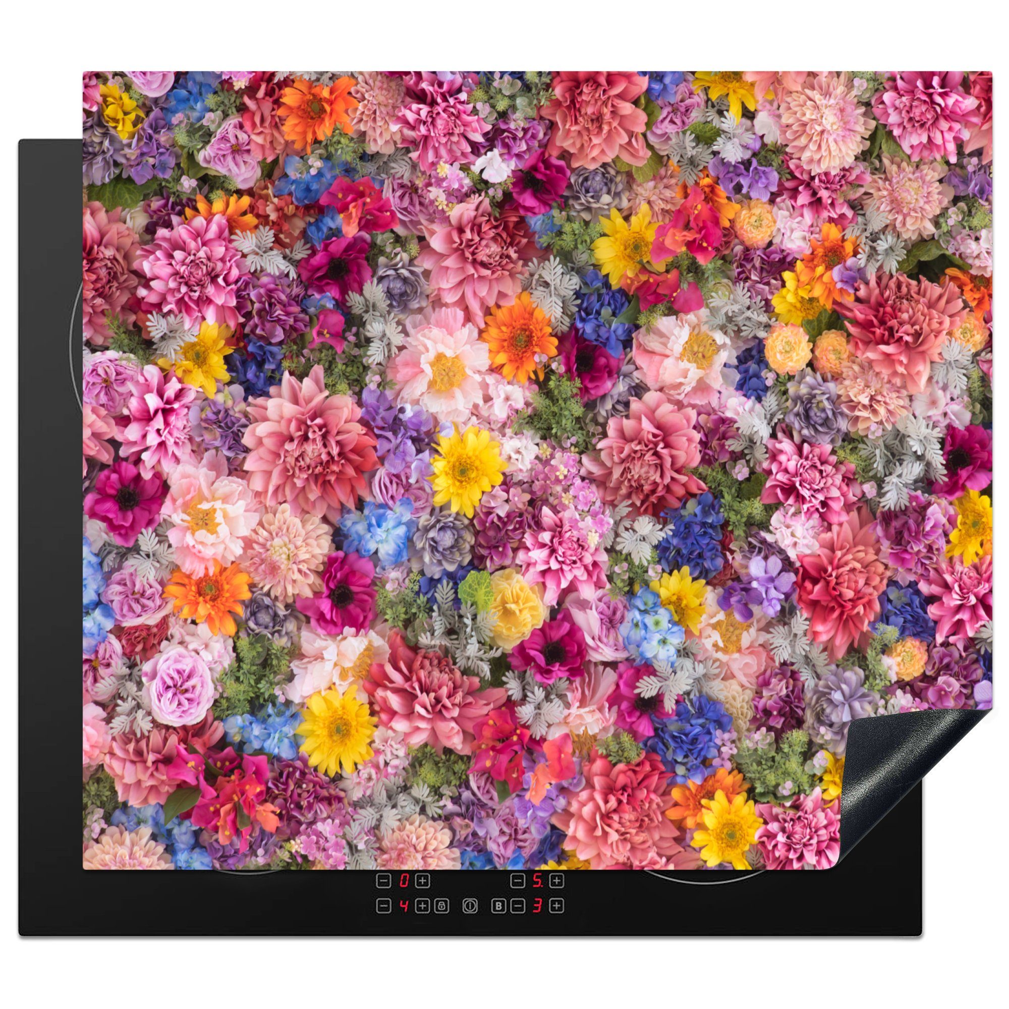 MuchoWow Herdblende-/Abdeckplatte Blumen - Farben - Collage, Vinyl, (1 tlg), 59x52 cm, Ceranfeldabdeckung für die küche, Induktionsmatte