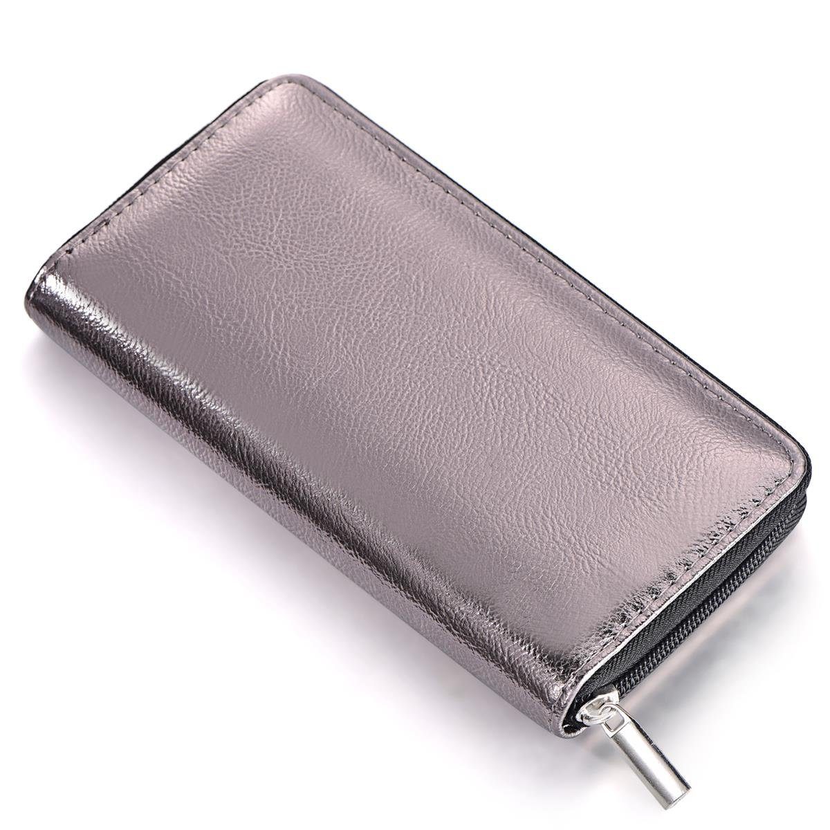 DonDon Geldbörse Portemonnaie Geldbeutel weich 20 x 10 x 2,5 cm (Packung, 1-tlg), Geldbörse für Damen und Mädchen, Metallic-Look, mit Reißverschluss grau metallic
