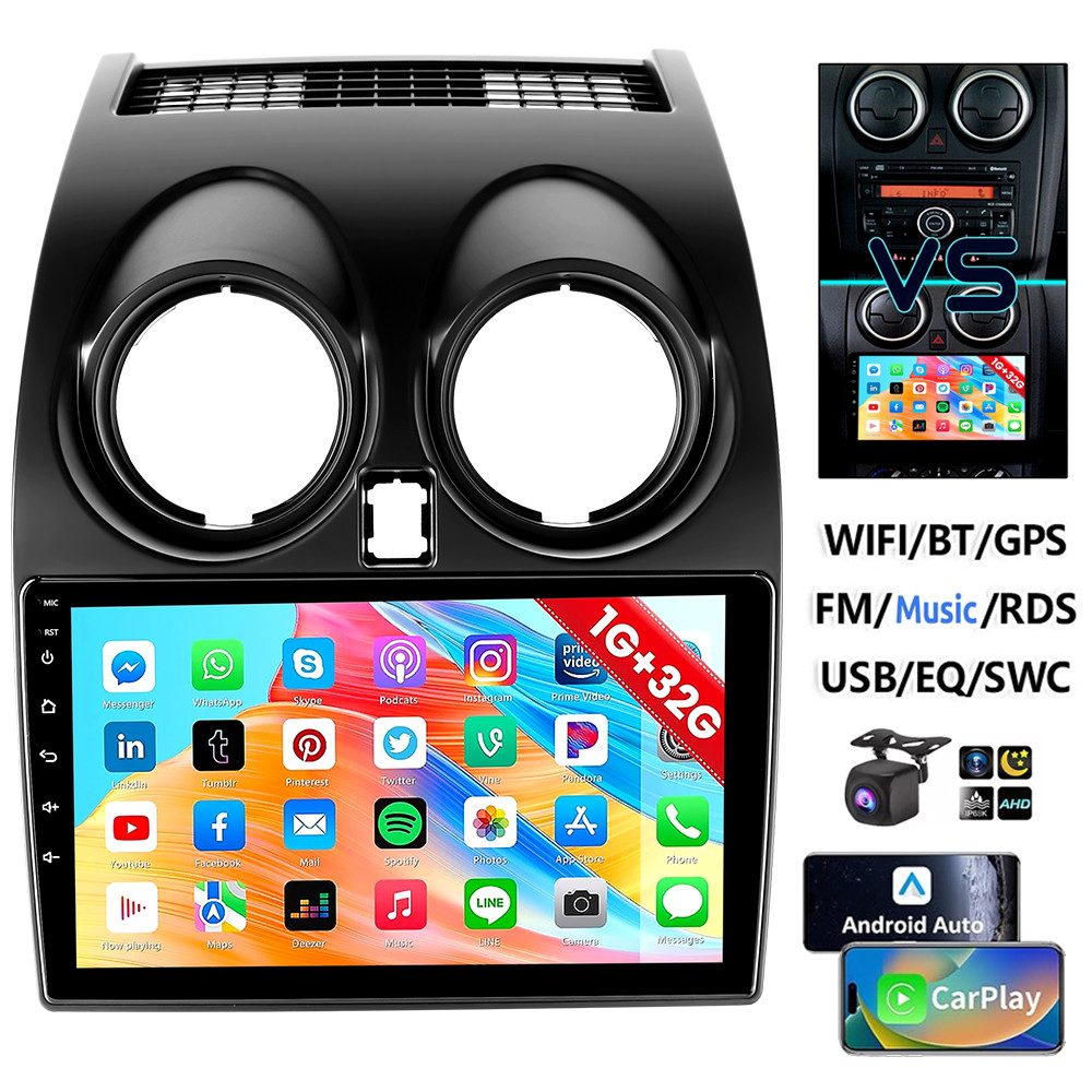 ESSGOO DAB+ Carplay Für Nissan Qashqai J10 2007-2015 GPS Navi Android 15 RDS Autoradio (4+64GB(optional), FM, AM, DAB+ (optional), Carplay Android Auto Bluetooth EQ USB GPS Navi WIFI Touchscreen)