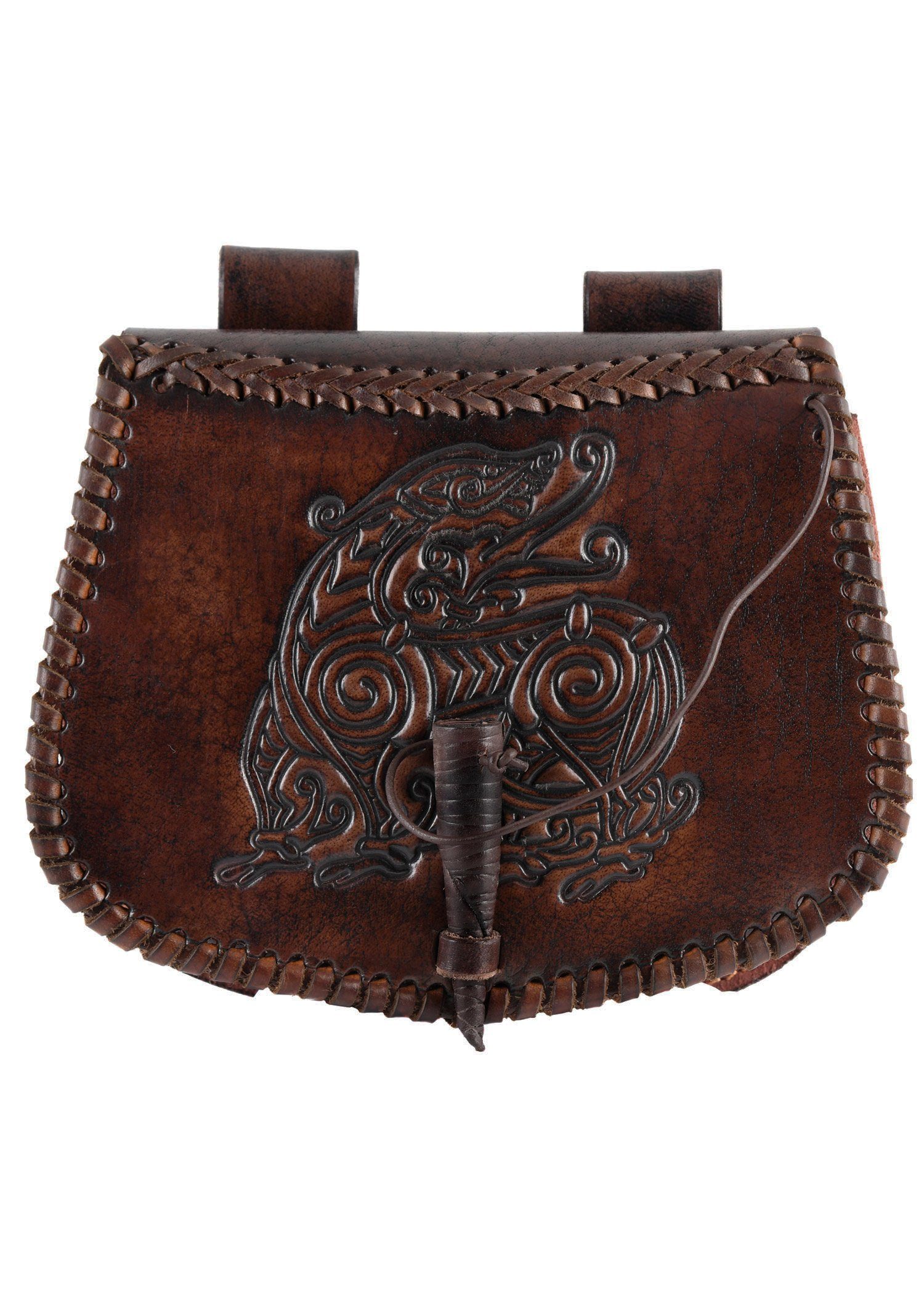Battle Merchant Ritter-Kostüm Leder Gürteltasche braun mit Drachen-Prägung