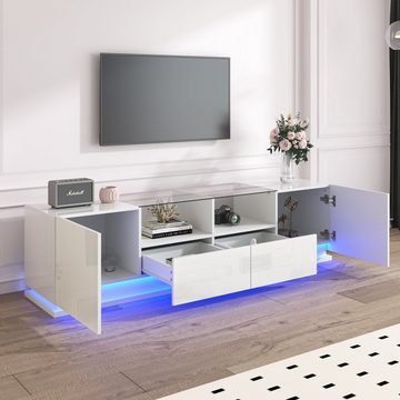 REDOM TV-Schrank Lowboard hochglanz mit Türen und Schubladen, mit Glastischplatte und LED