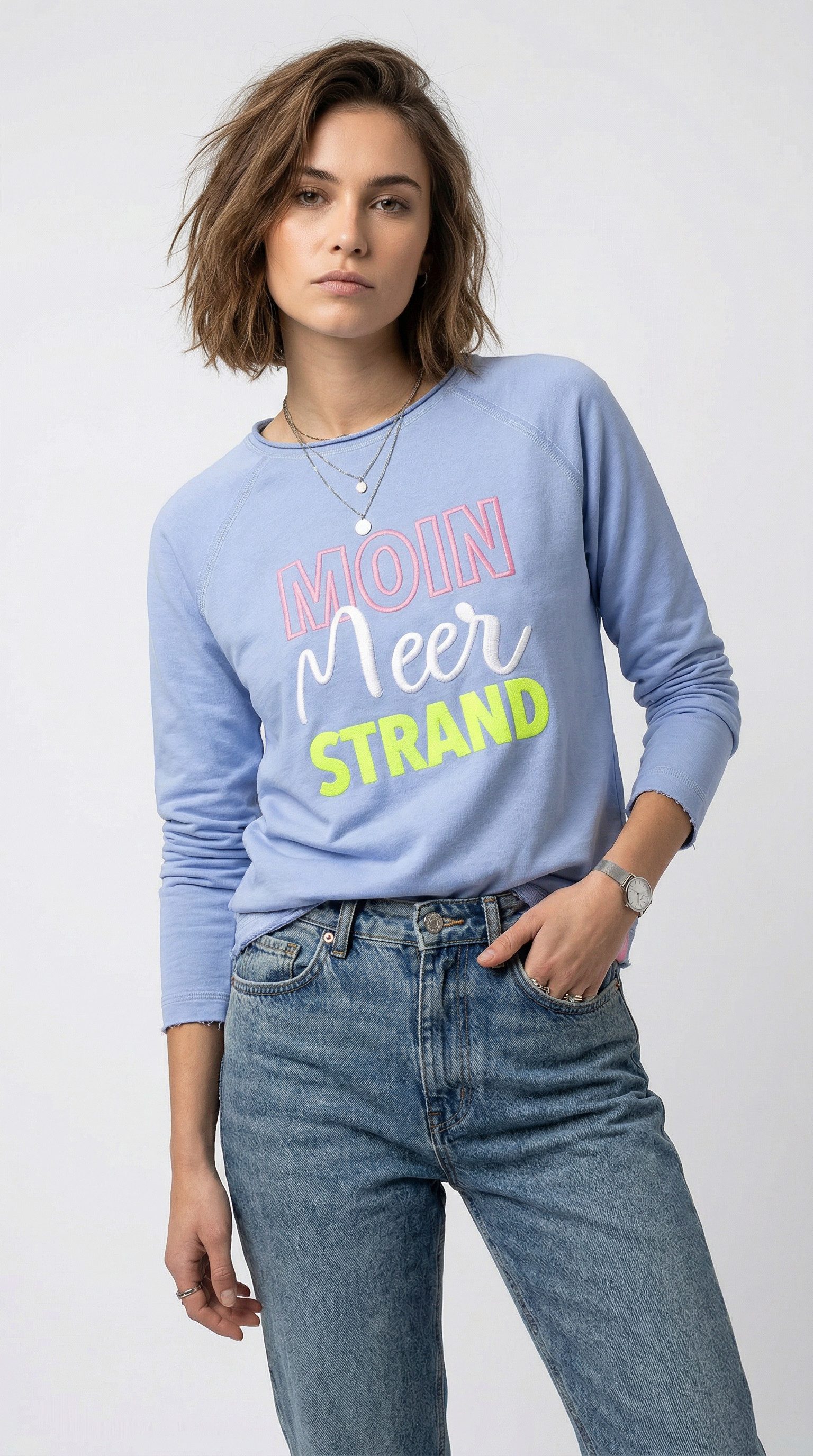 Zwillingsherz Hoodie "Moin Meer Strand" mit Used-Look Kanten und maritimer Stickerei